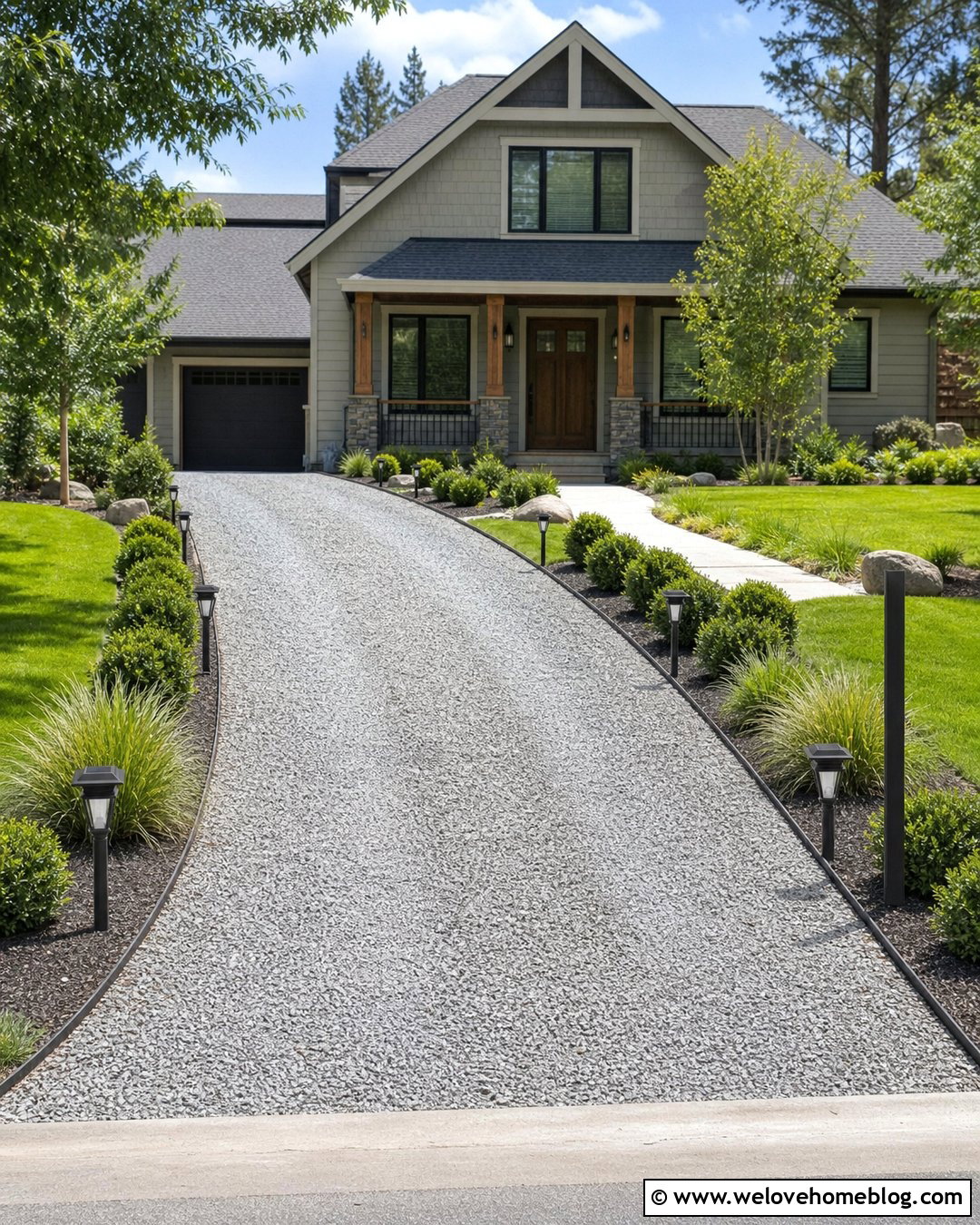 Gravel Driveway With Solar Entrance Lights - 40 driveway on a budget ideas