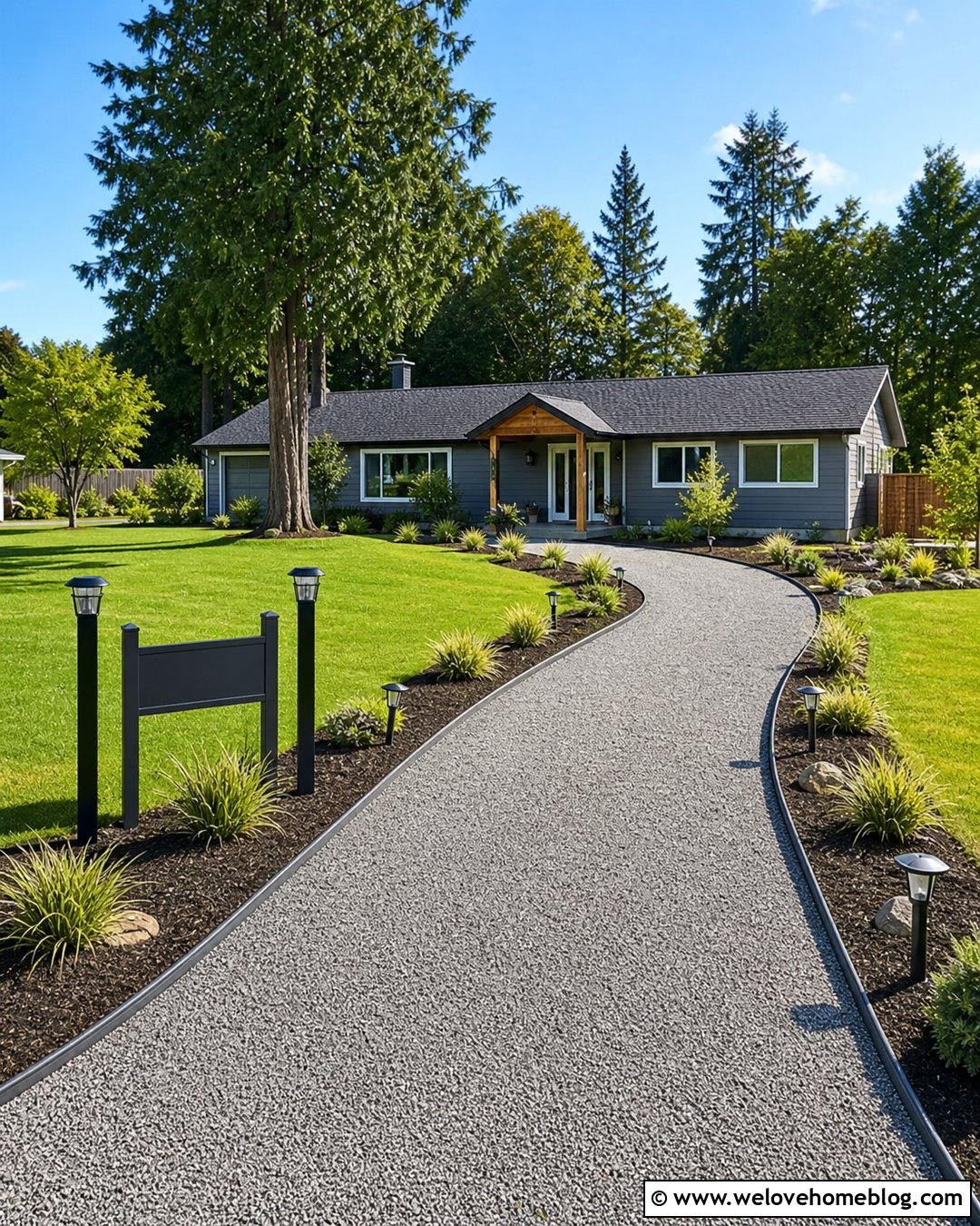 Gravel Driveway With Solar Entrance Lights - 35 cheap driveway ideas