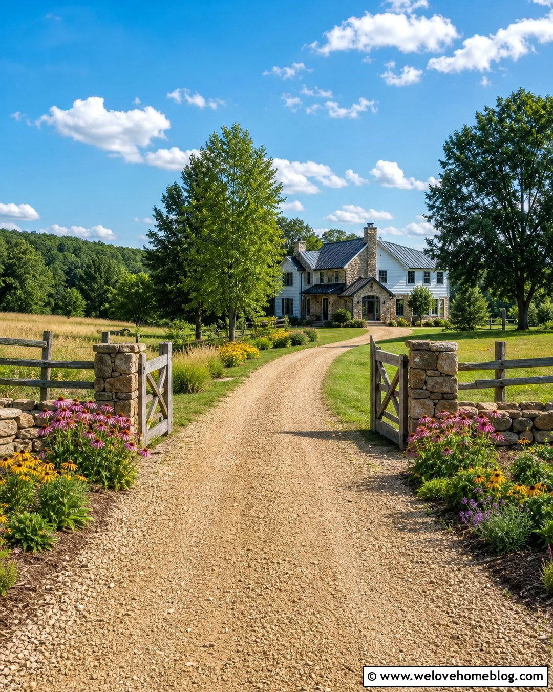 Gravel Driveway With Split Rail Fencing And Wildflowers - 20 Farmhouse Gravel Driveway Ideas