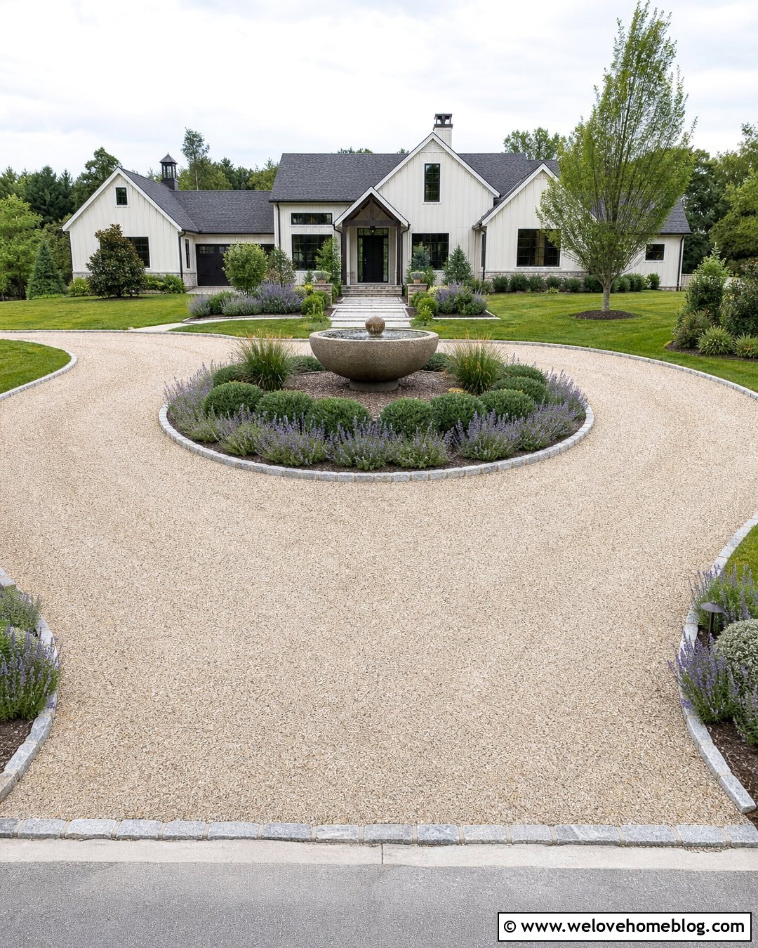 Gravel Driveway With Stone Bowl Fountain - 25 Driveway With Fountain Ideas
