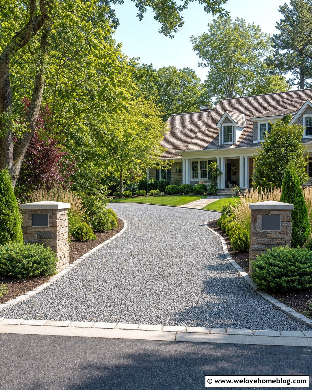 Gravel Driveway With Stone Pillar Accents - 35 cheap driveway ideas