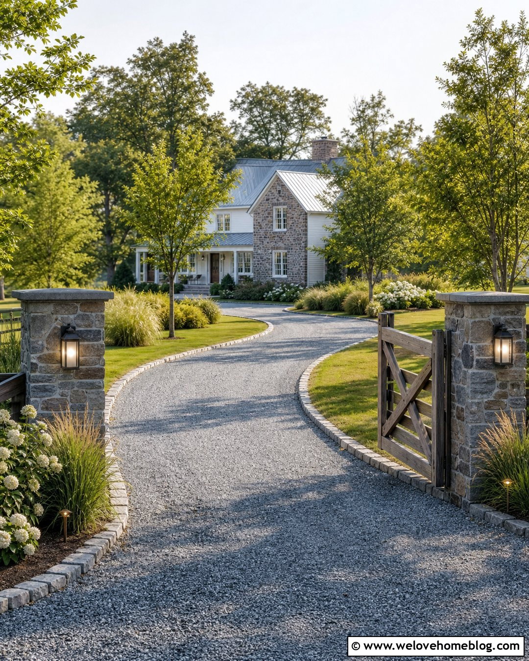 Gravel Driveway With Stone Pillars And A Wood Gate - 20 Farmhouse Gravel Driveway Ideas