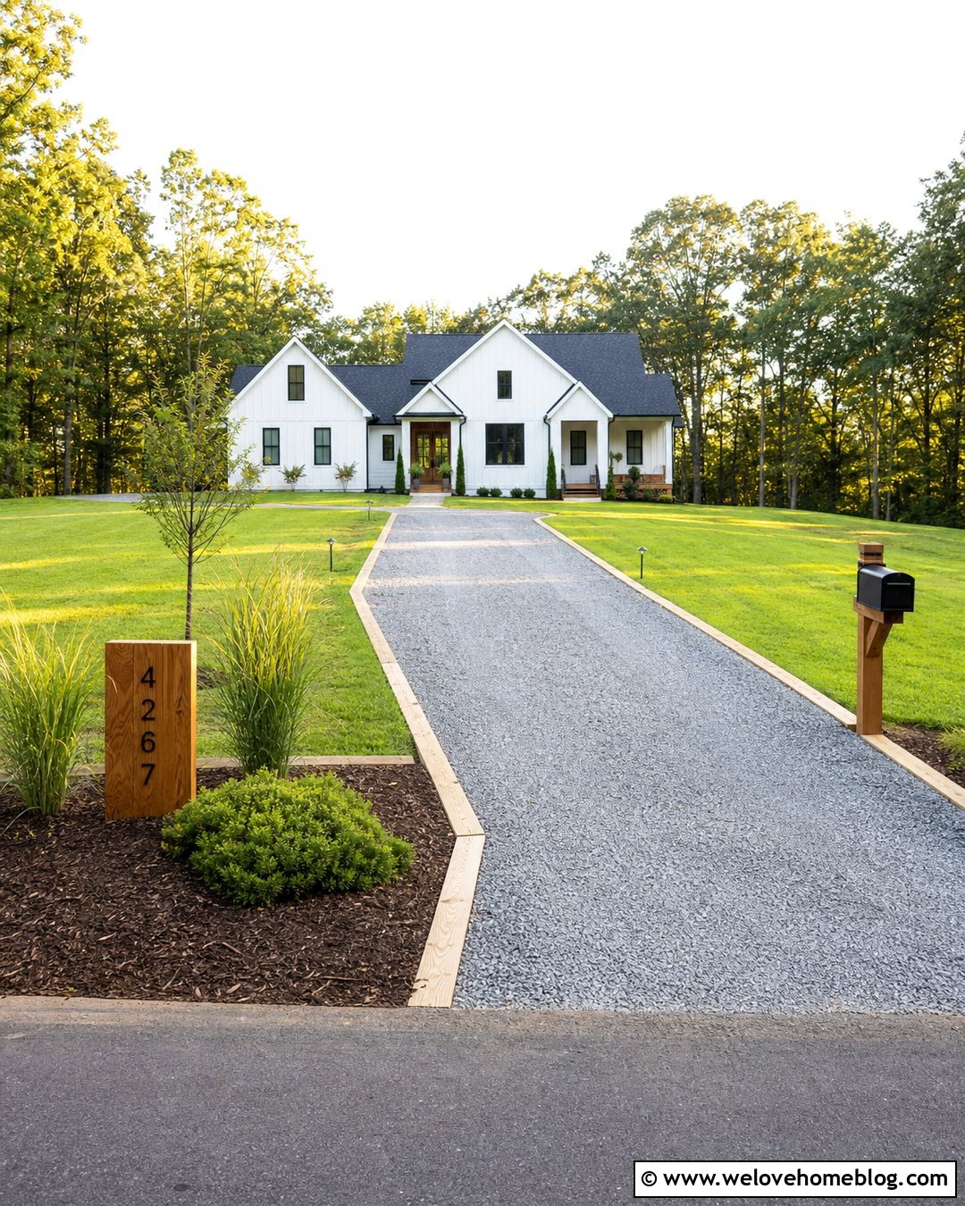 Gravel Driveway With a DIY Wood Address Sign - 35 Gravel Driveway Cheap Ideas