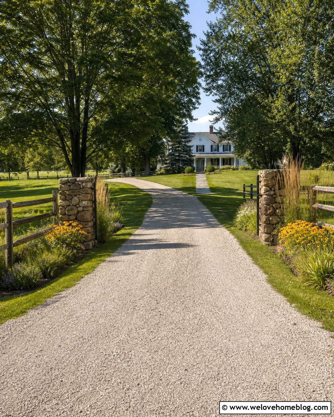 Gravel Farm Driveway With Split Rail Fence - 35 Farm Driveway Ideas