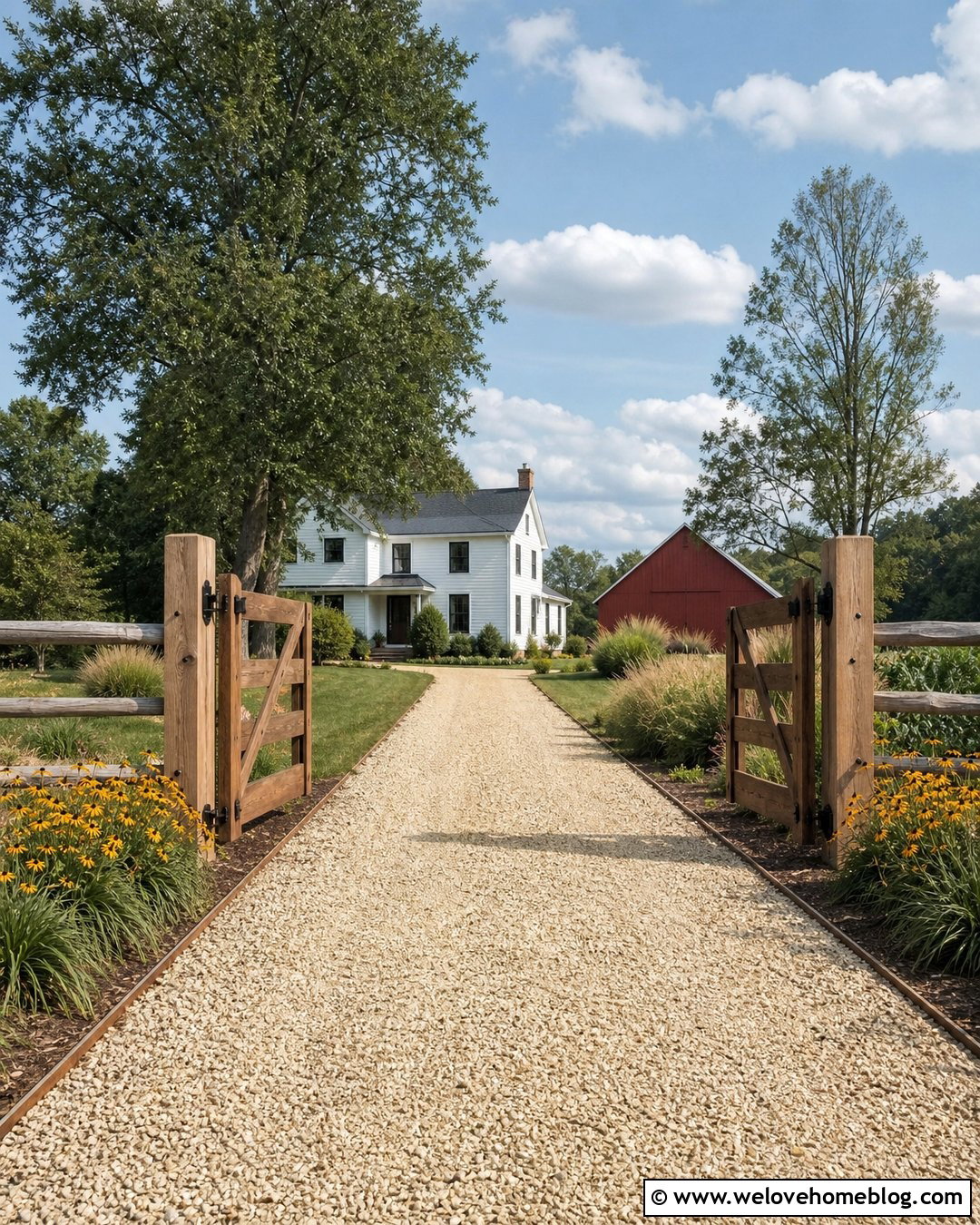 Gravel Farm Driveway With Wooden Gate - 20 Farm Entrances Driveways Ideas