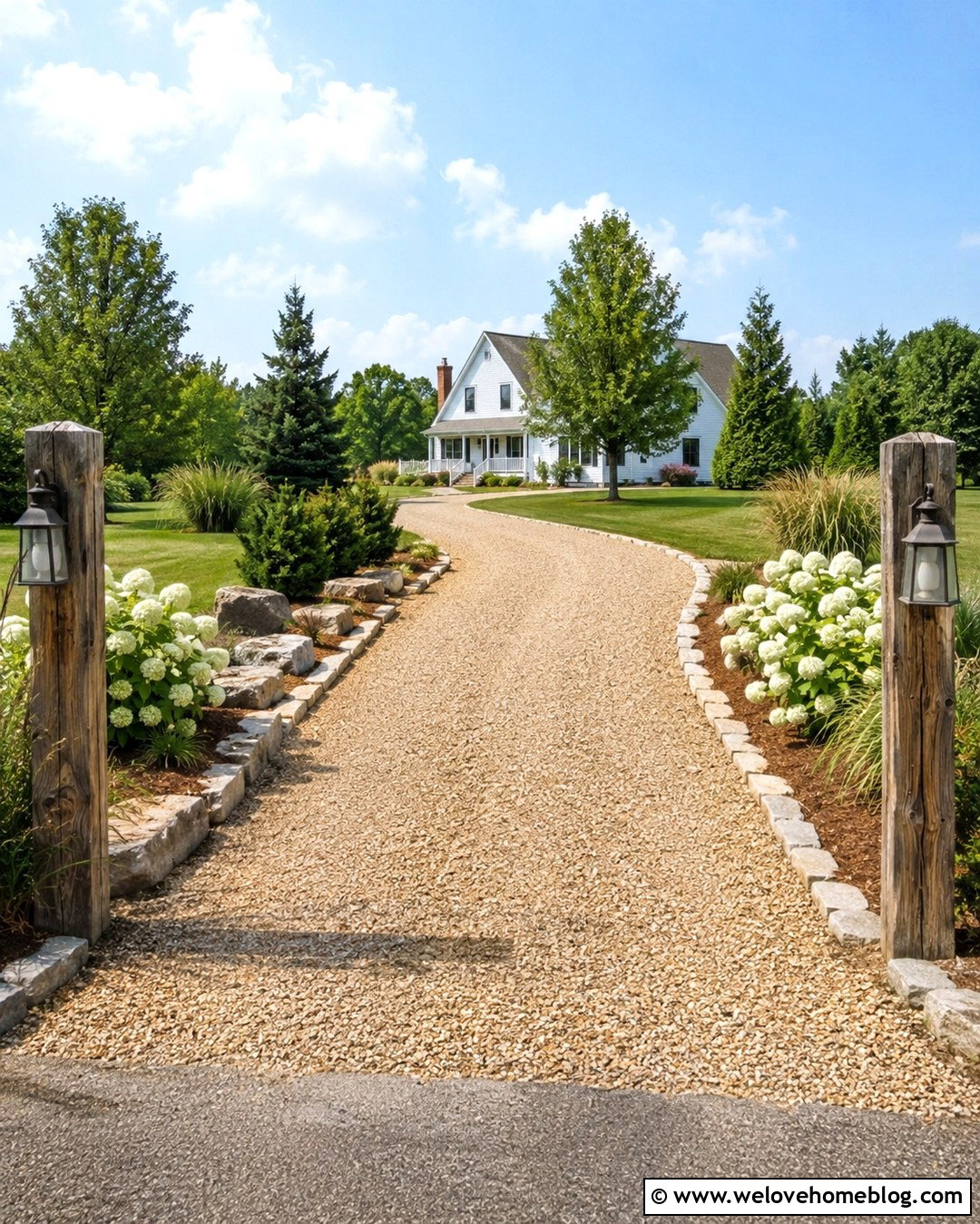 Gravel Farmhouse Driveway With Stone Edging - 20 Farmhouse Driveway Inspiration Ideas