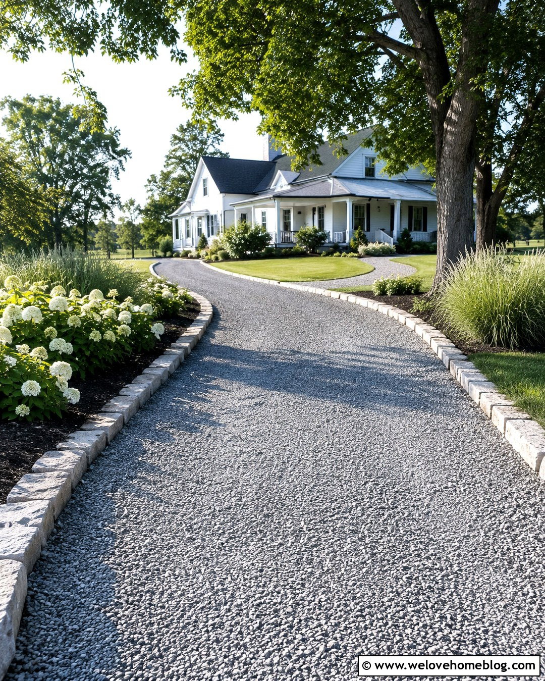 Gravel Farmhouse Driveway With Stone Edging - 20 Driveway Farmhouse Ideas