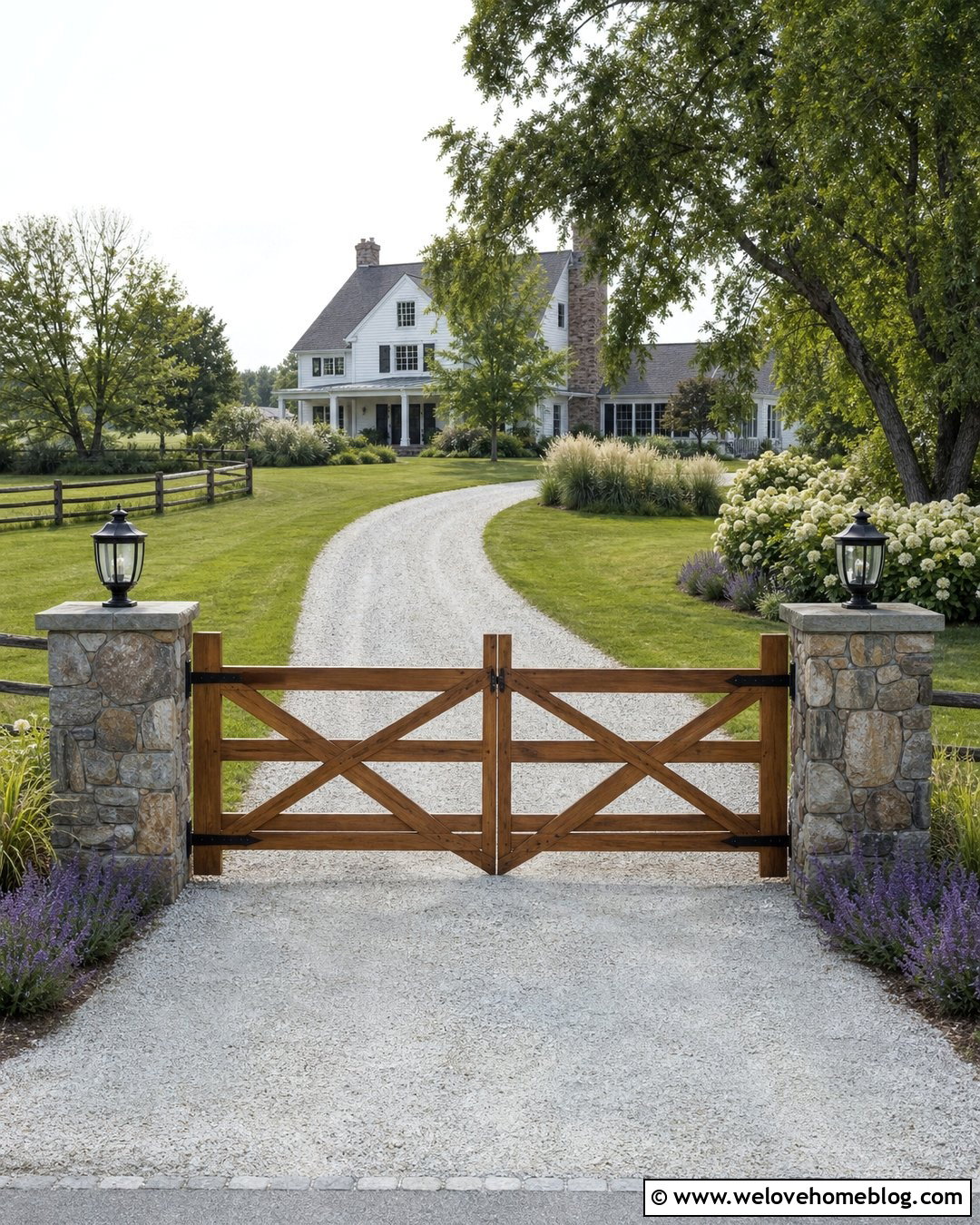 Gravel Farmhouse Driveway With Wooden Gate - 40 Farmhouse Driveway Entrance Ideas