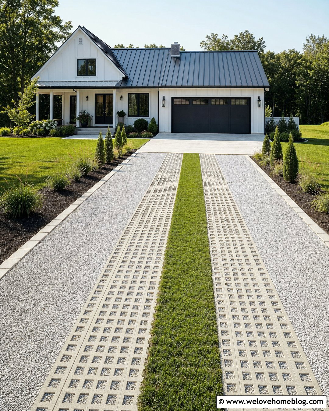 Gravel Grass Paver Driveway With Green Strips - 20 Gravel Pavers Driveway Ideas
