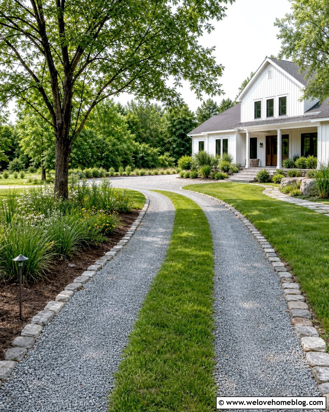 Gravel Green Driveway With Grass Center - 25 Green Driveway Ideas