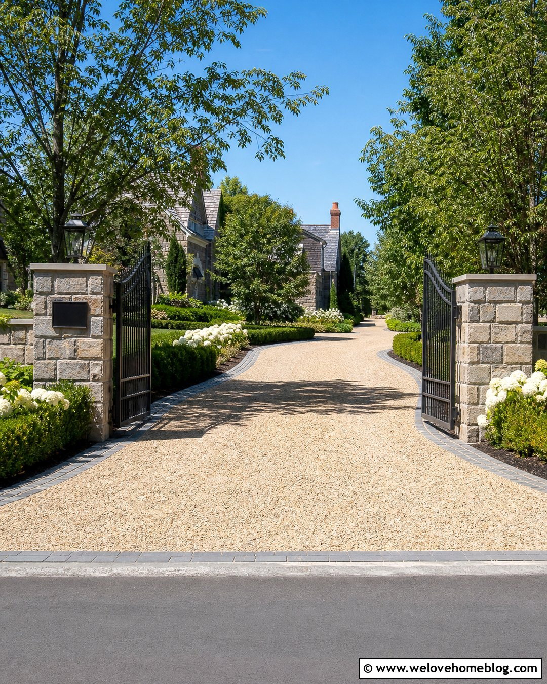 Gravel Grid Driveway With Gates And Stone Pillars - 25 Gravel Grid Driveway Ideas
