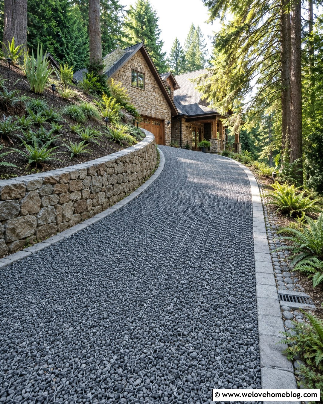 Gravel Grid Driveway With Natural Stone Retaining Wall - 20 Driveway Gravel Grid Installation Ideas