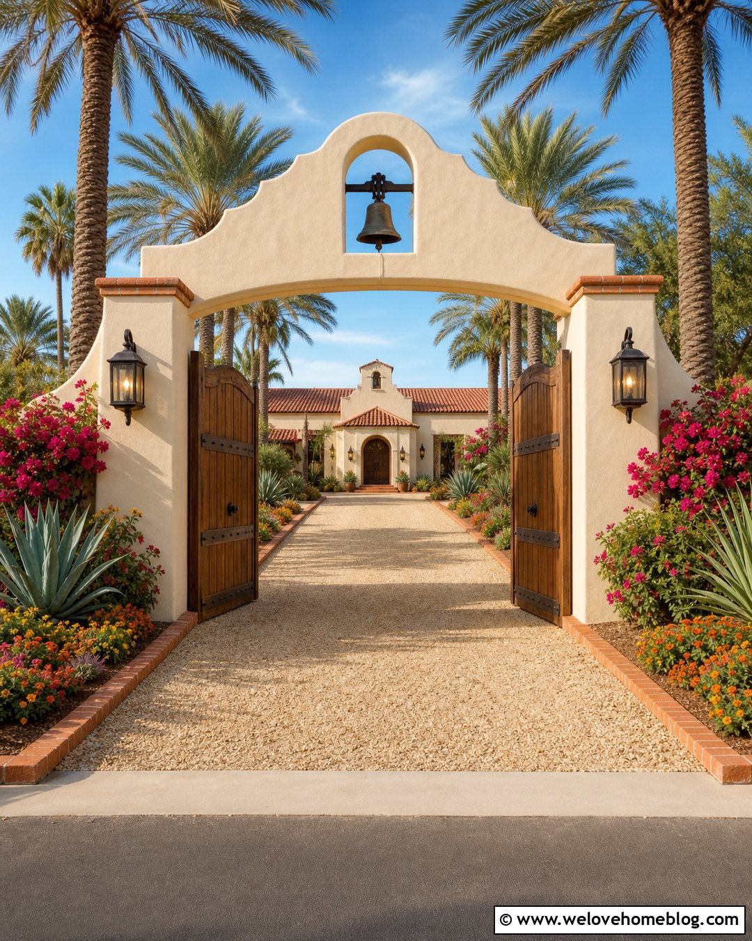 Gravel Hacienda Driveway Entrance With Bell Arch - 20 Hacienda Driveway Entrance Ideas