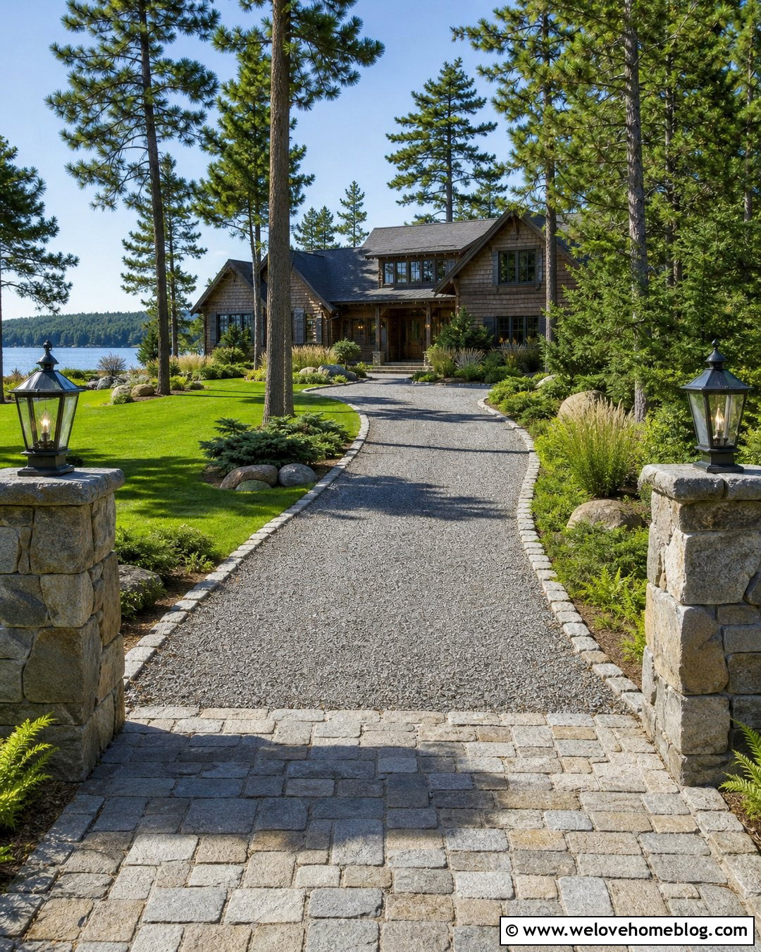 Gravel Lake House Driveway Entrance With Stone Pillars - 20 Lake House Driveway Entrance Ideas