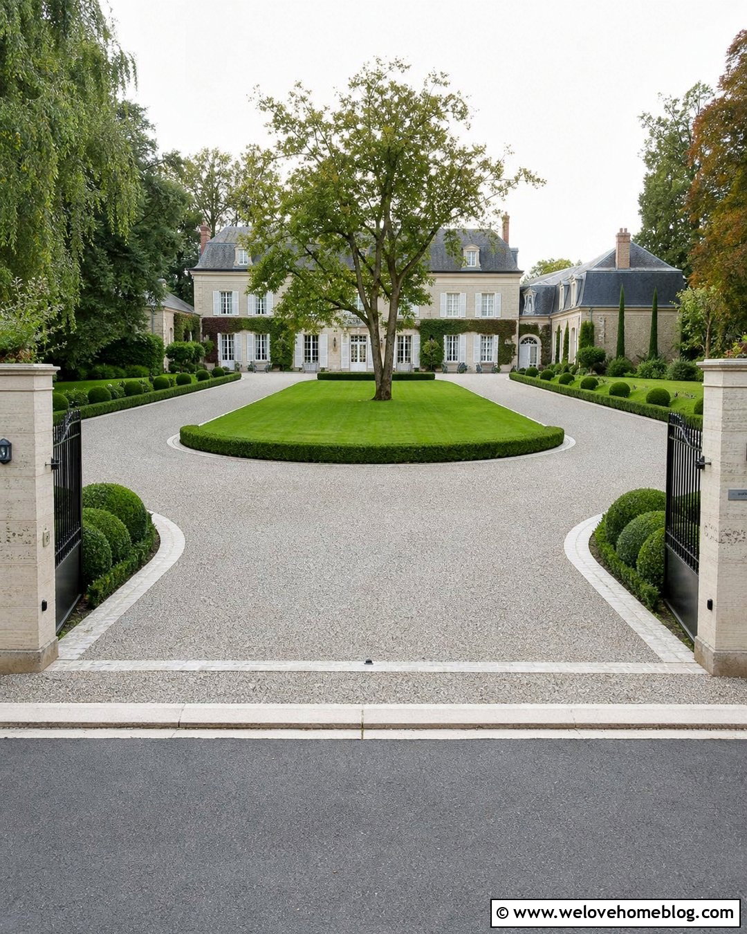 Gravel Palace Driveway With Boxwood Borders - 20 palace driveway ideas