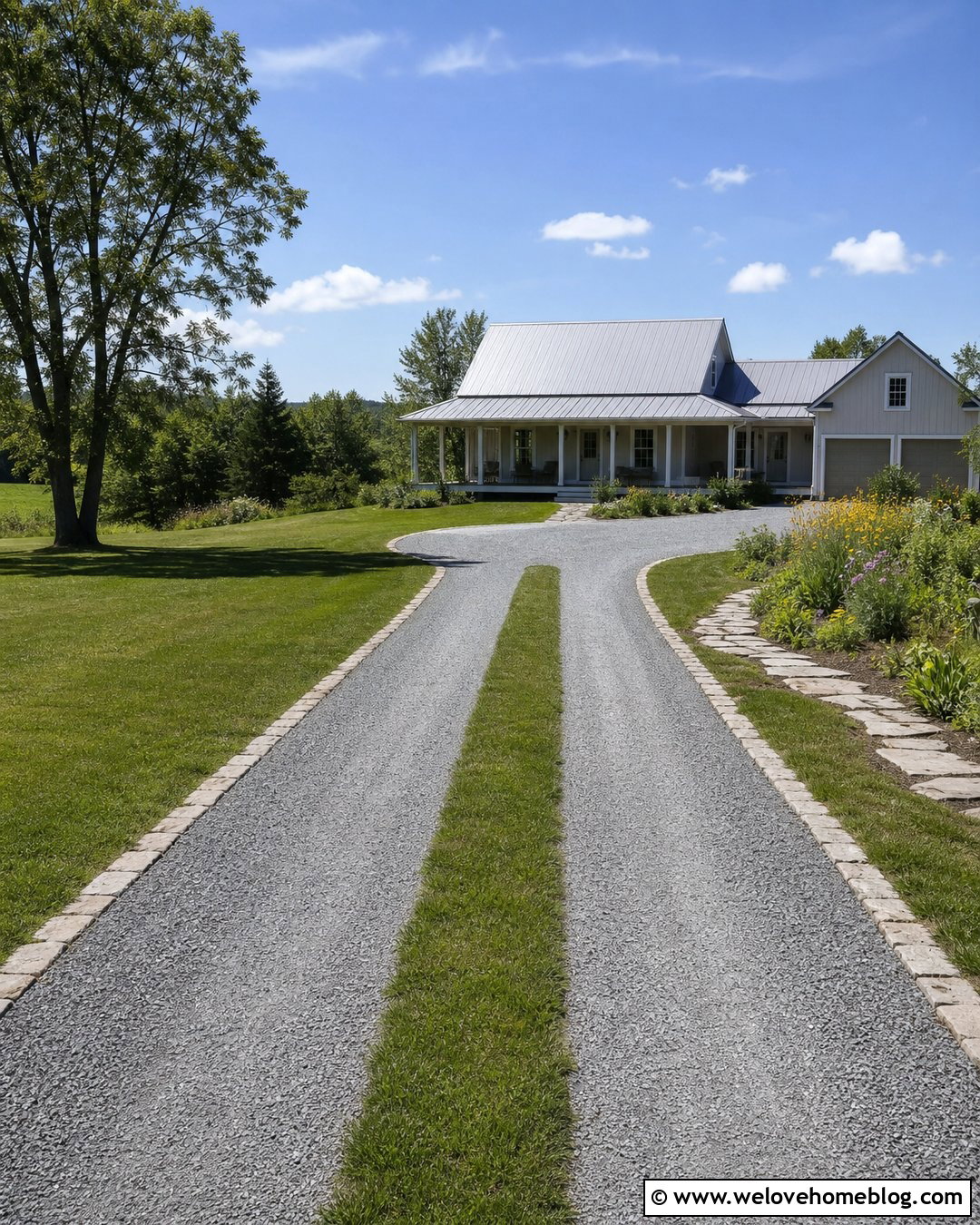 Gravel Ribbon Driveway With A Grass Center - 20 Farmhouse Gravel Driveway Ideas