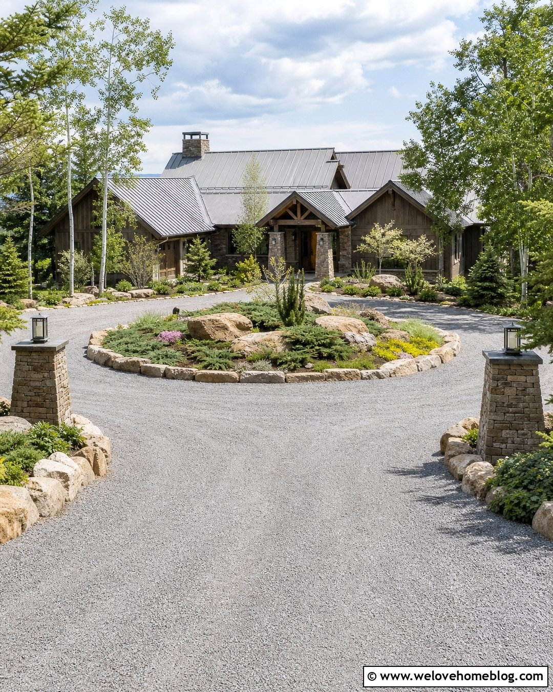 Gravel Roundabout Driveway With Boulder Island - 35 Round About Driveway Landscaping Ideas