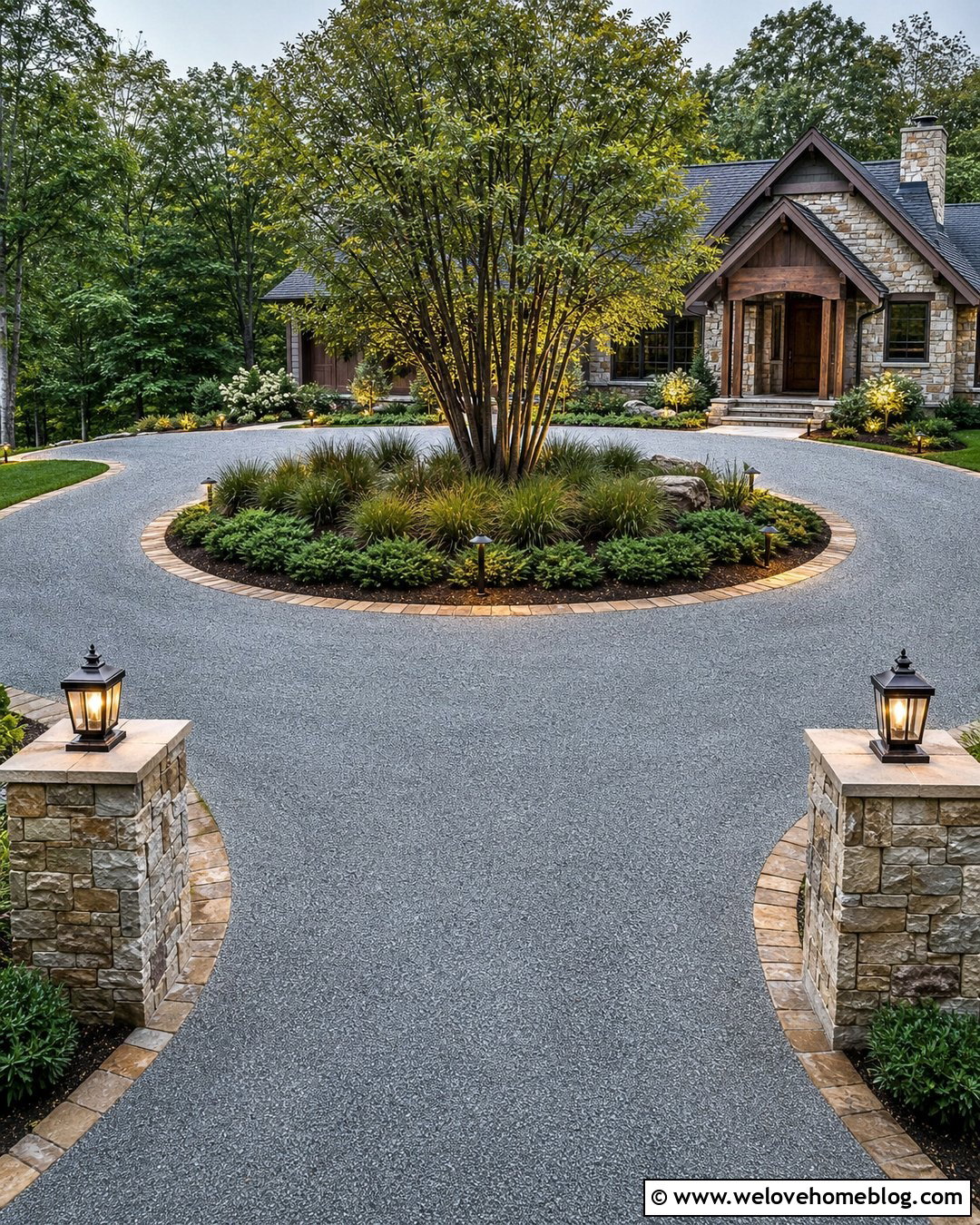 Gravel Roundabout Driveway With Landscape Lighting - 35 Round About Driveway Landscaping Ideas