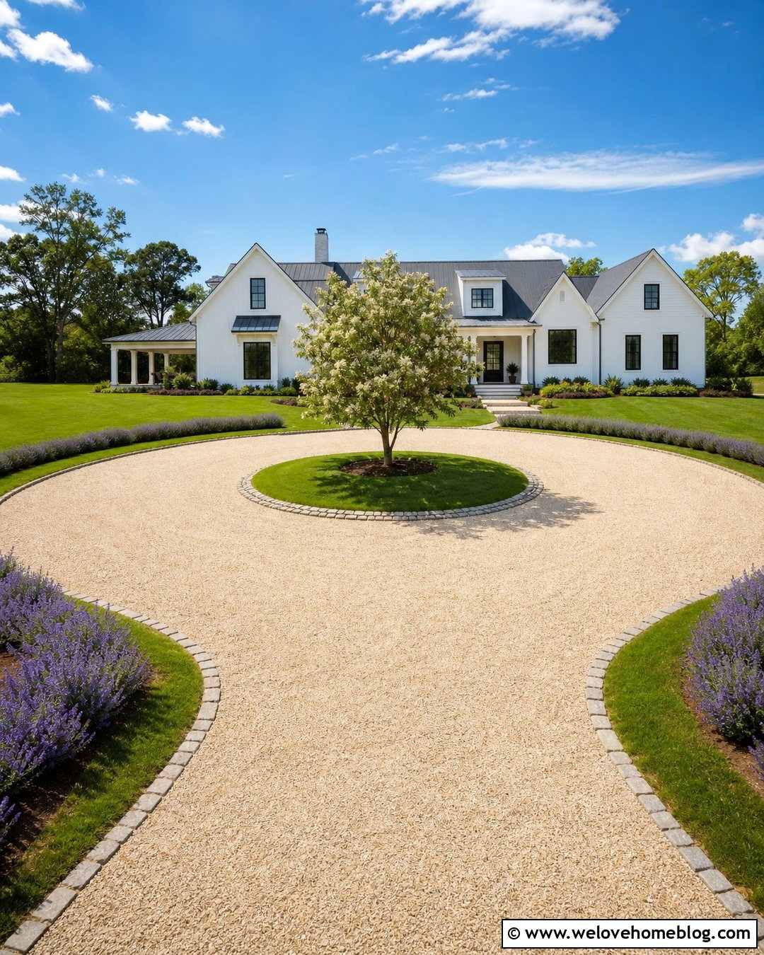 Gravel Roundabout Driveway With Lawn Island - 35 Roundabout Driveway Ideas