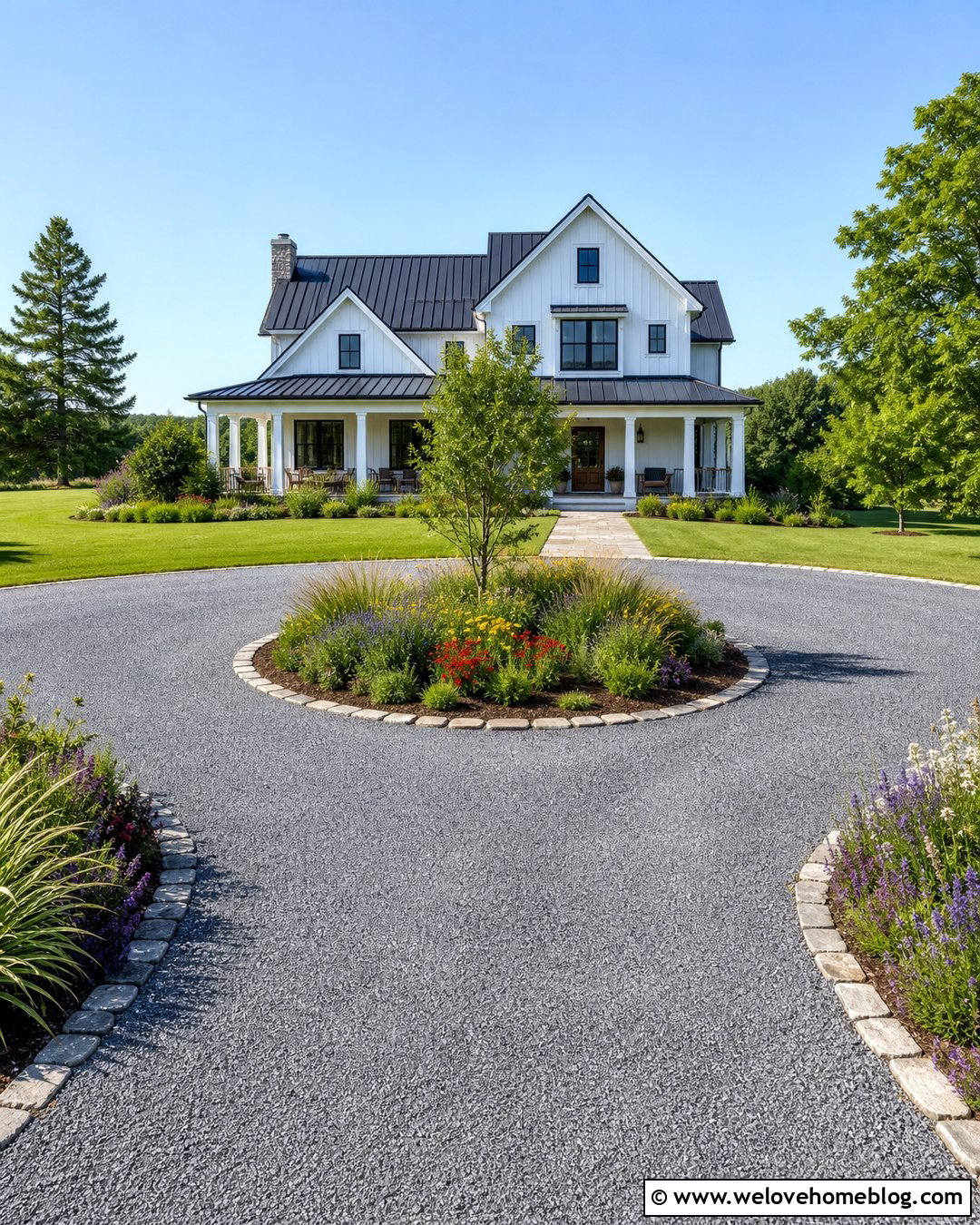 Gravel Roundabout Driveway With Native Plant Island - 20 roundabout driveway landscaping ideas