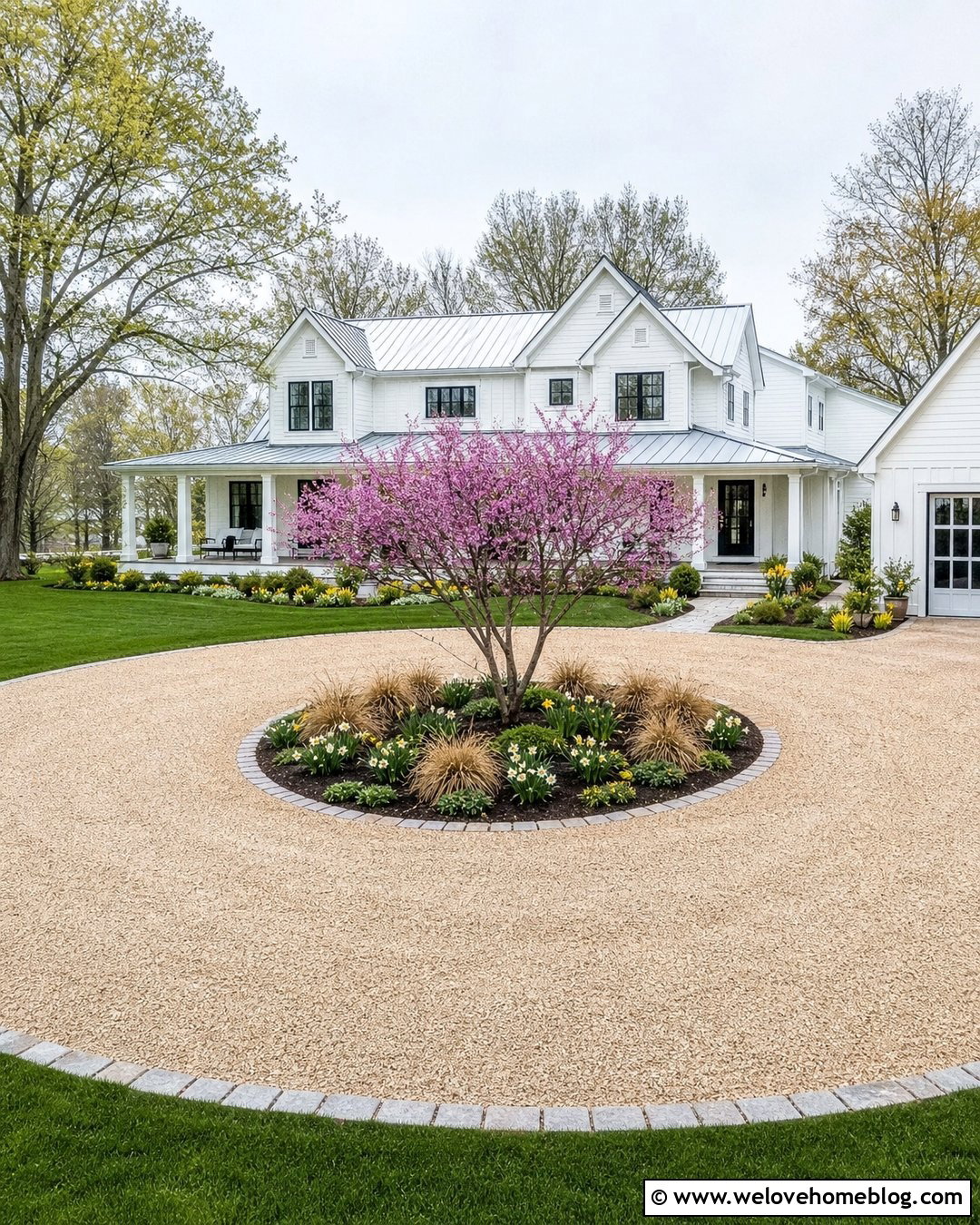 Gravel Roundabout Driveway With a Flowering Tree - 20 round a bout driveway landscaping ideas