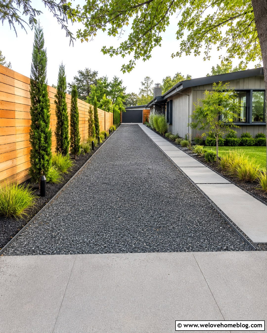 Gravel Side Driveway With Modern Horizontal Fence - 20 Gravel Side Driveway Ideas
