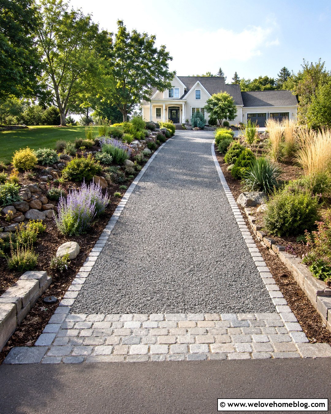Gravel Sloped Driveway With Stone Borders - 20 slope driveway landscaping ideas