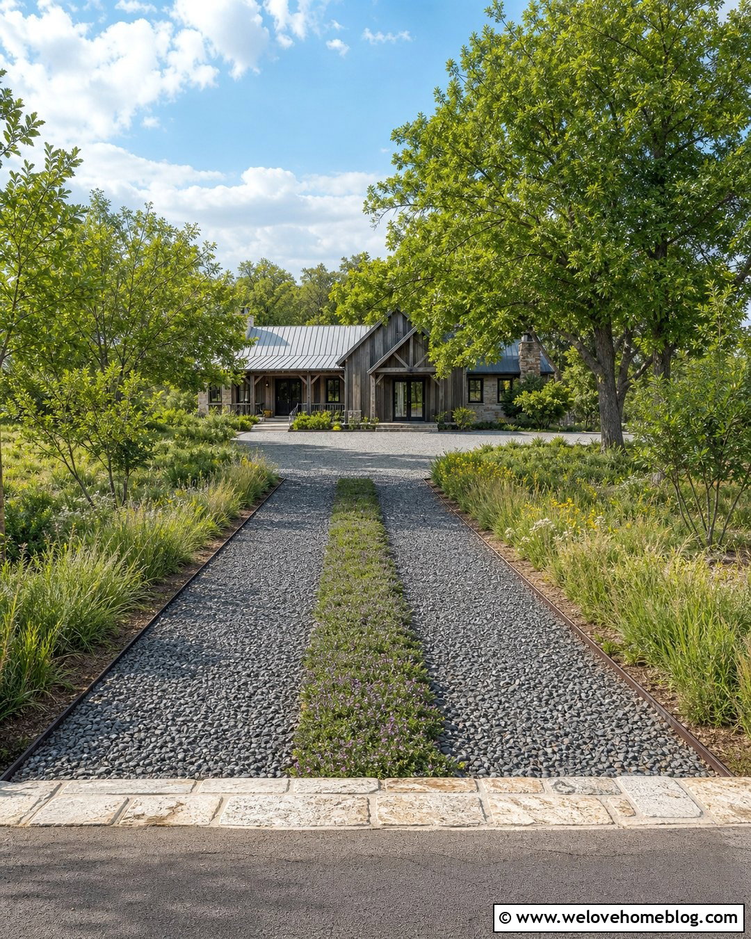 Gravel Track Driveway With Planted Center - 25 Driveway Alternatives Ideas