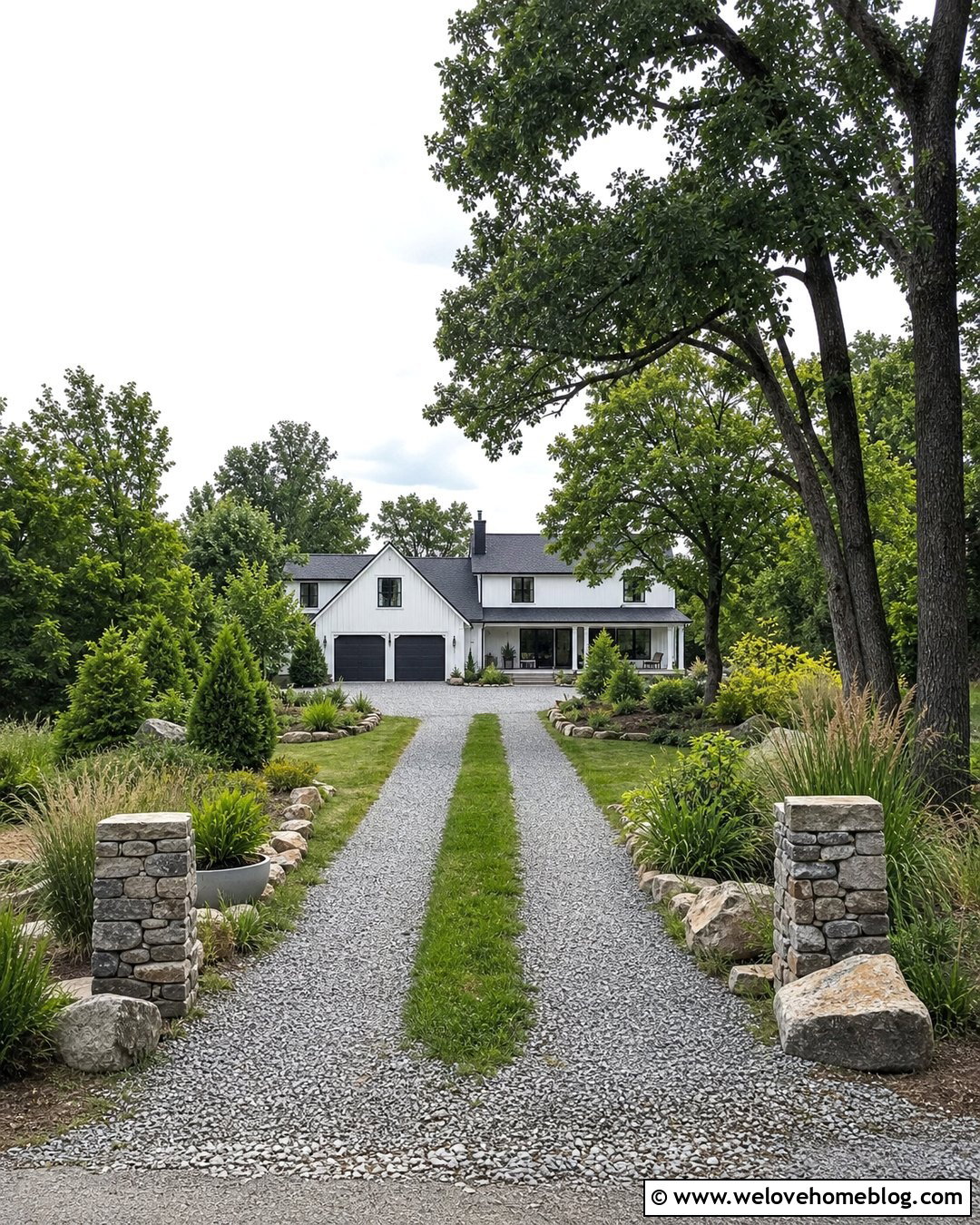 Gravel Two Strip Driveway With Stone Borders - 20 Two Strip Driveway Ideas