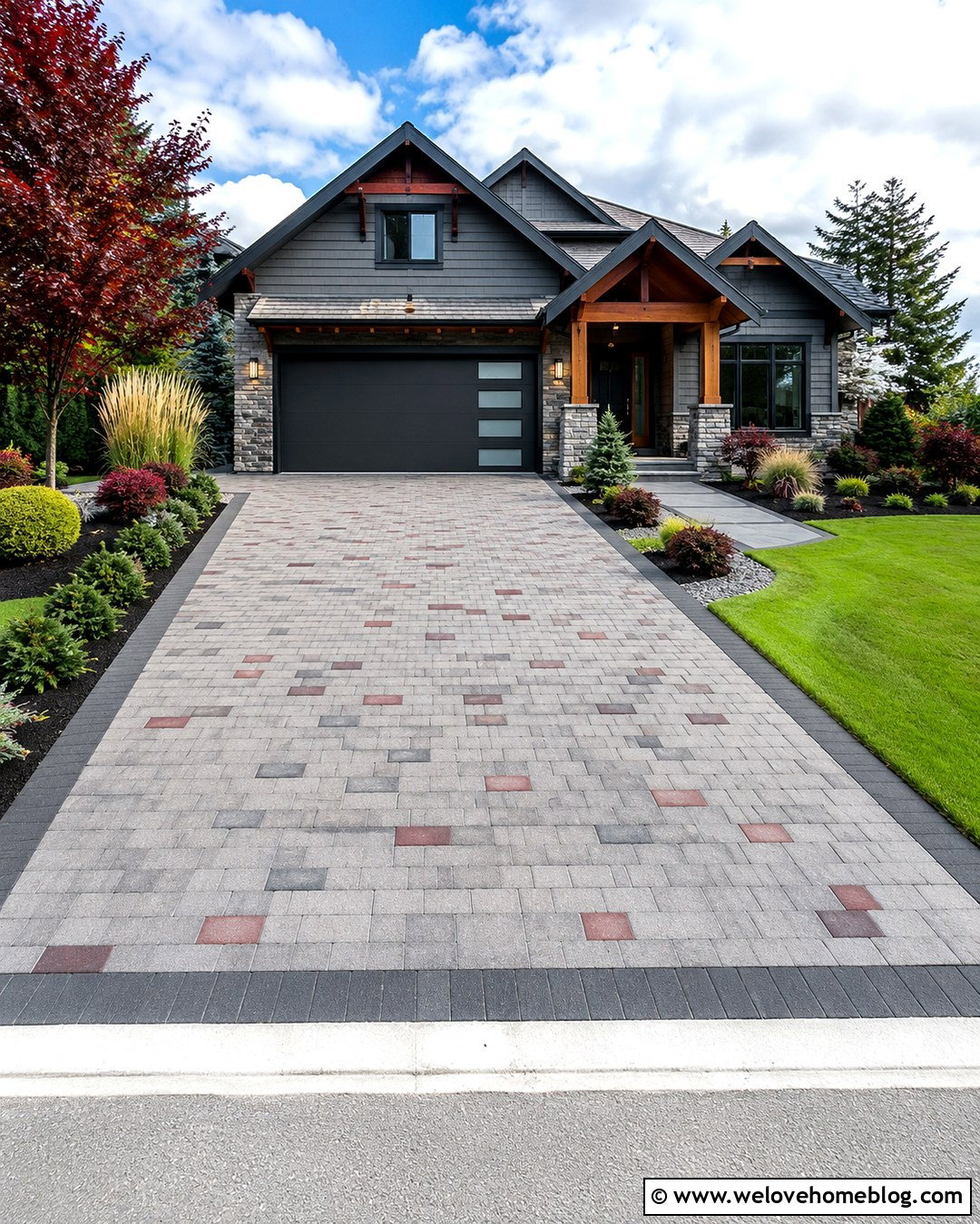 Gray Ashlar Driveway With Red Accent Pavers - 20 Red And Gray Driveway Pattern Ideas