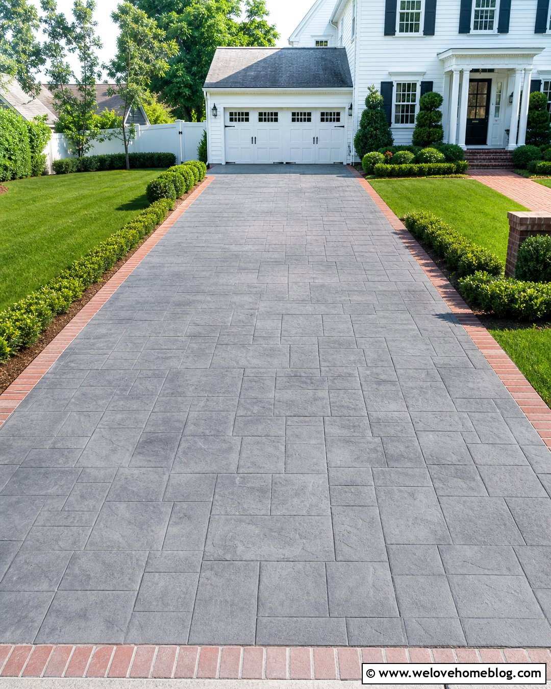 Gray Ashlar Slate Stamped Concrete Driveway With Red Brick Border - 20 stamped concrete driveway with brick border ideas