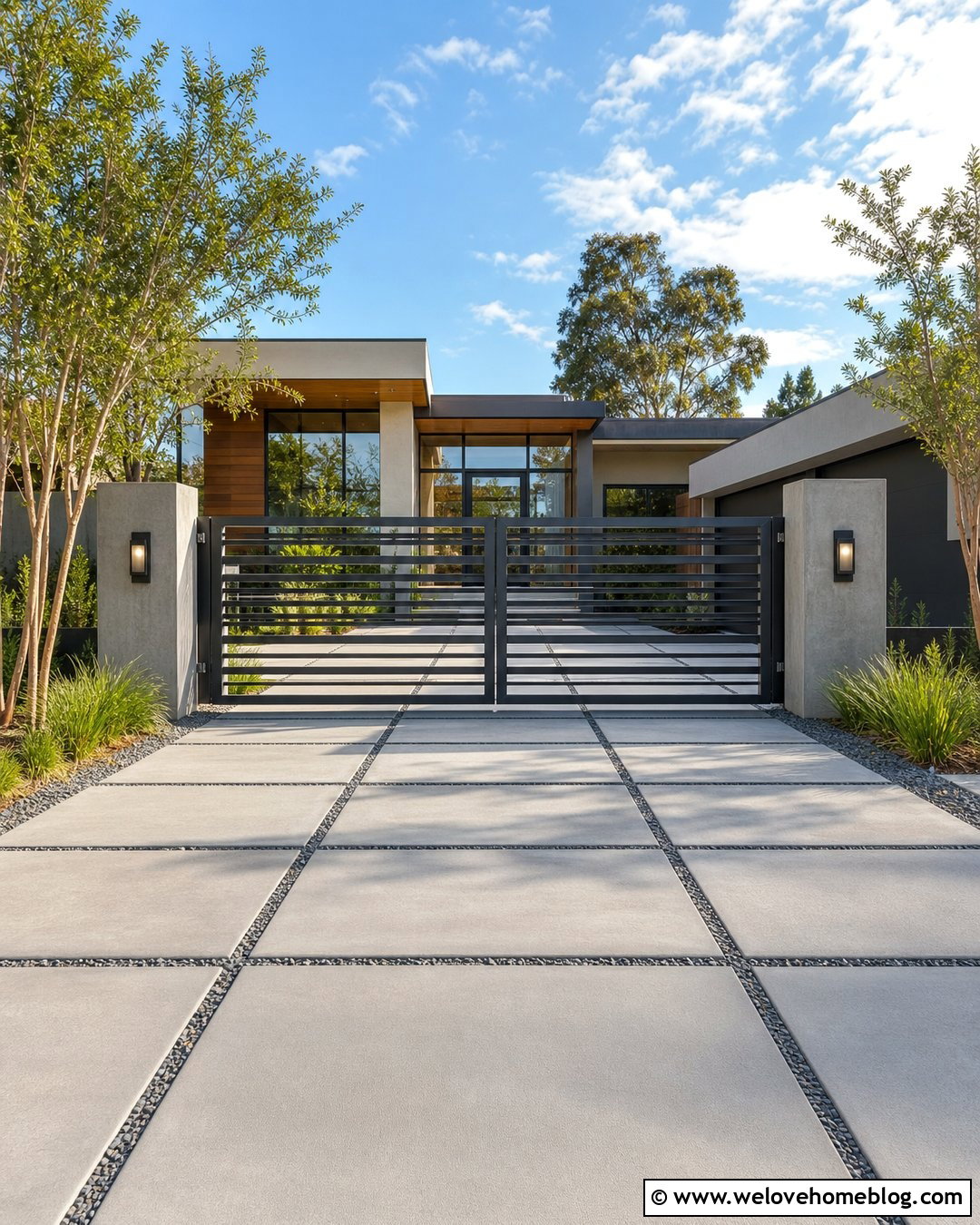 Gray Automatic Gate With Concrete Pillars - 20 modern gray automatic driveway gate ideas