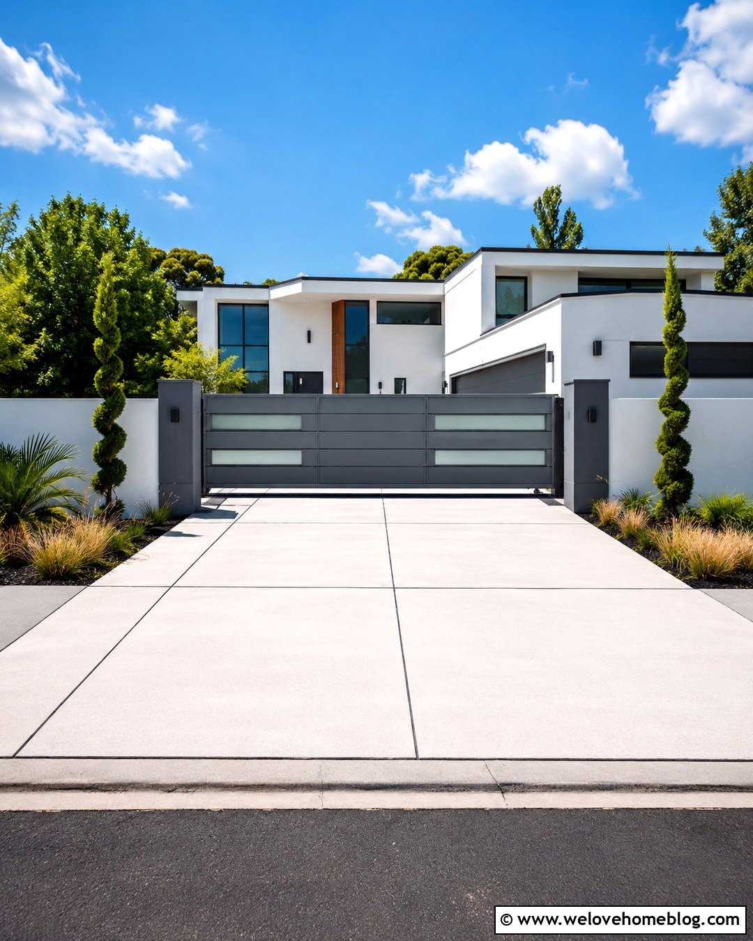 Gray Automatic Gate With Frosted Glass Panels - 20 modern gray automatic driveway gate ideas