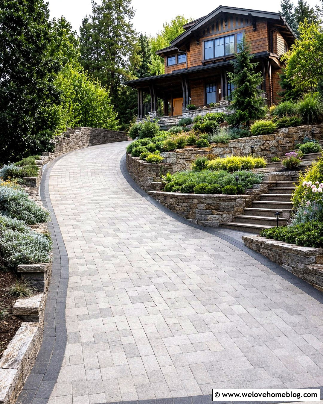 Gray Blend Paver Driveway With Natural Stone Walls - 20 lowes pavers for driveway ideas