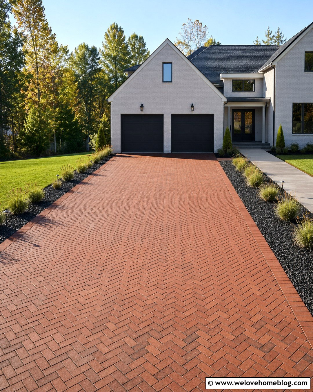 Gray Brick Driveway With Black Gravel Borders - 20 Modern Brick Driveway With Landscaping Ideas