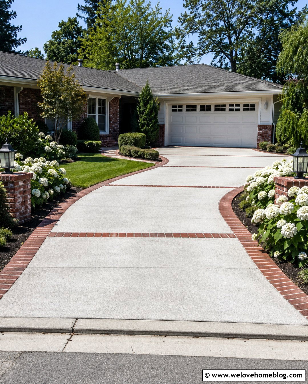 Gray Concrete Driveway With Red Brick Kerbing - 20 Driveway Kerbing Ideas
