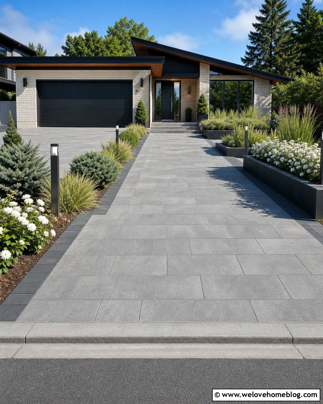 Gray Concrete Flagged Driveway With Black Borders - 20 Flagged Driveway Ideas