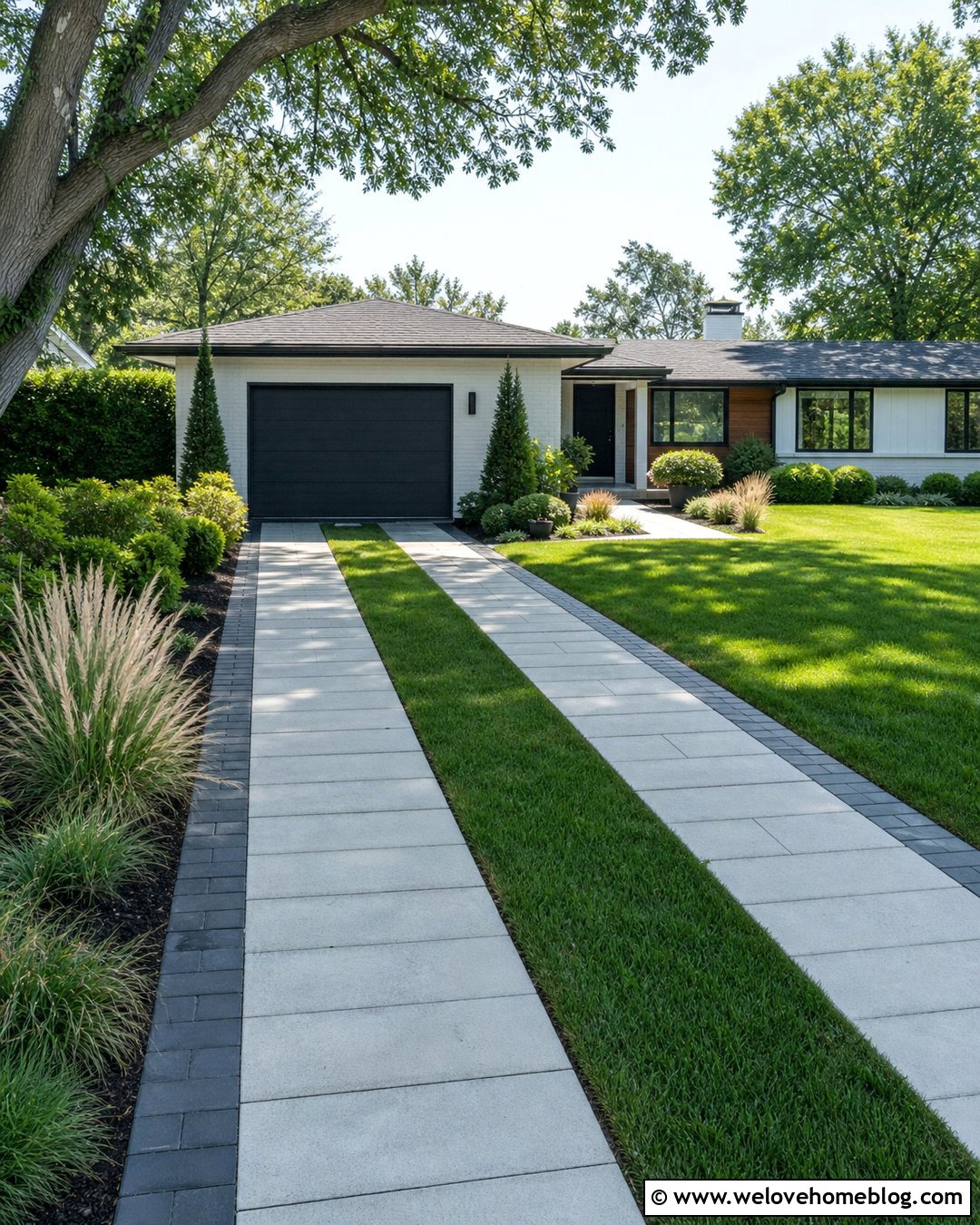 Gray Concrete Paver Ribbon Driveway With Grass Center - 20 Ribbon Driveway Pavers Ideas
