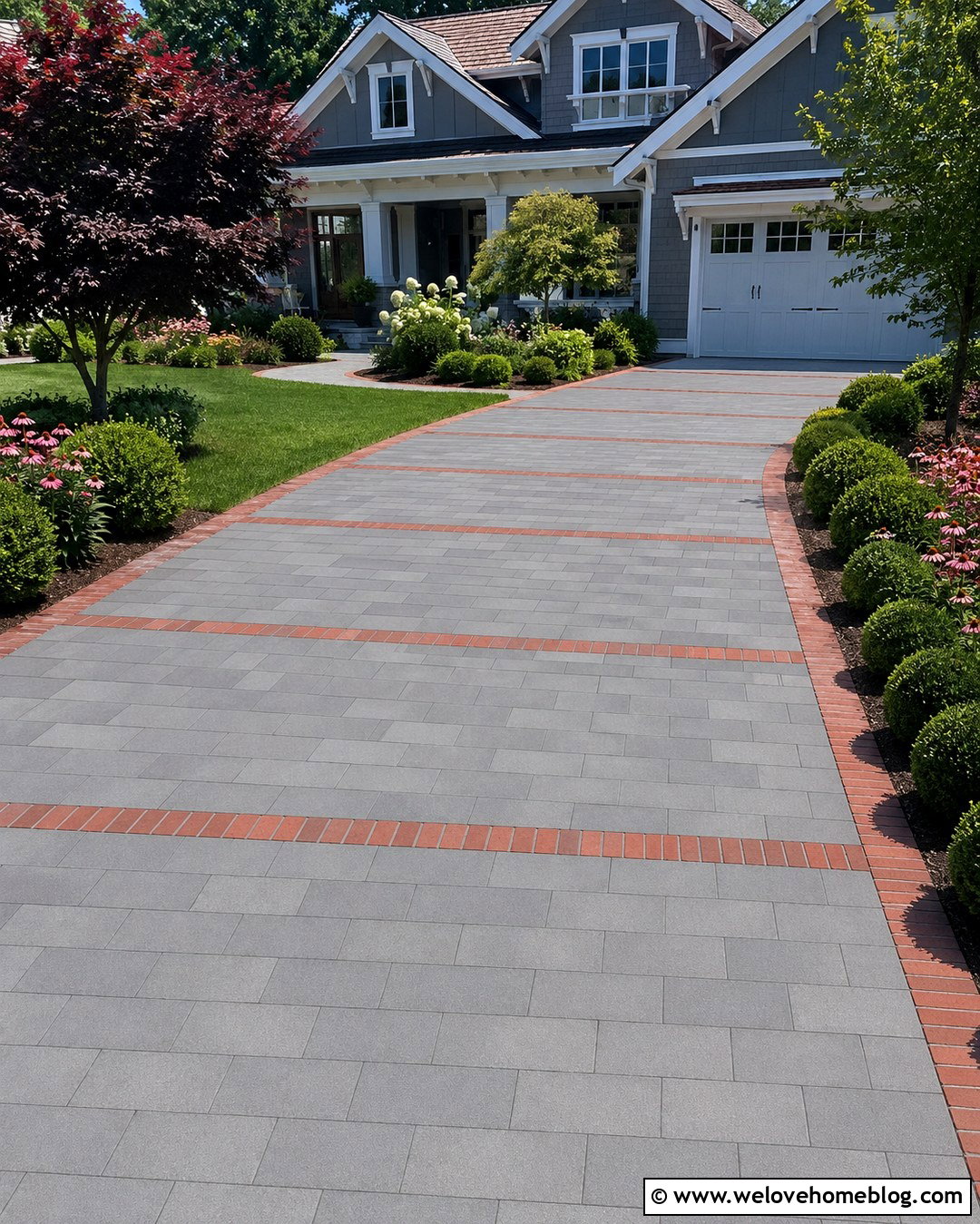 Gray Driveway With Red Brick Ribbons - 20 Red And Gray Driveway Pattern Ideas