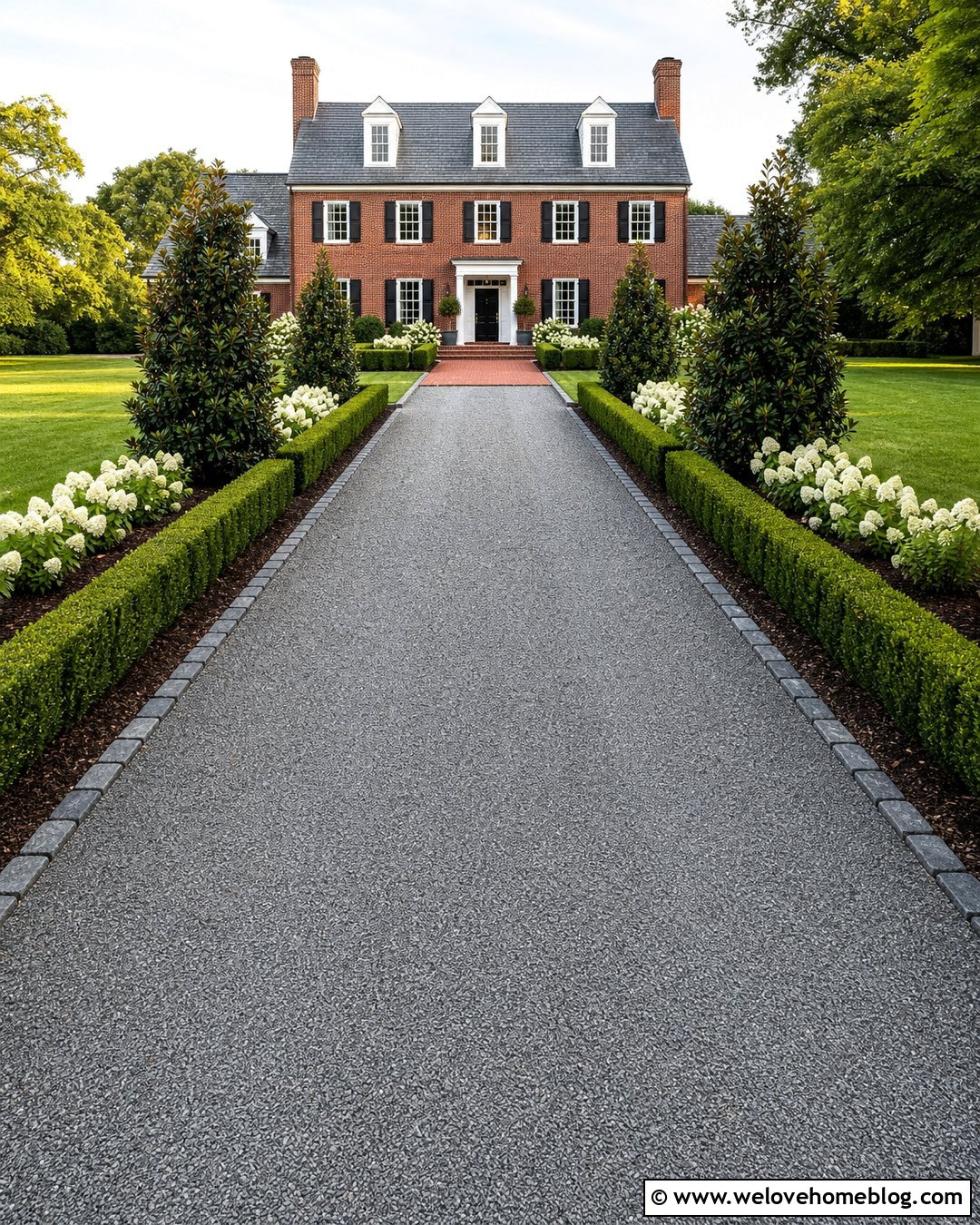 Gray Gravel Driveway With Boxwood Hedges - 20 landscaping gravel driveway ideas