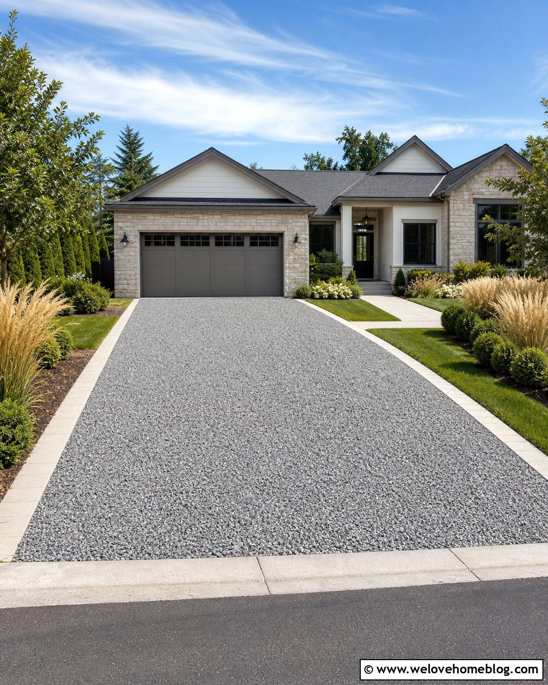 Gray Gravel Driveway With Broom Finished Concrete Border
