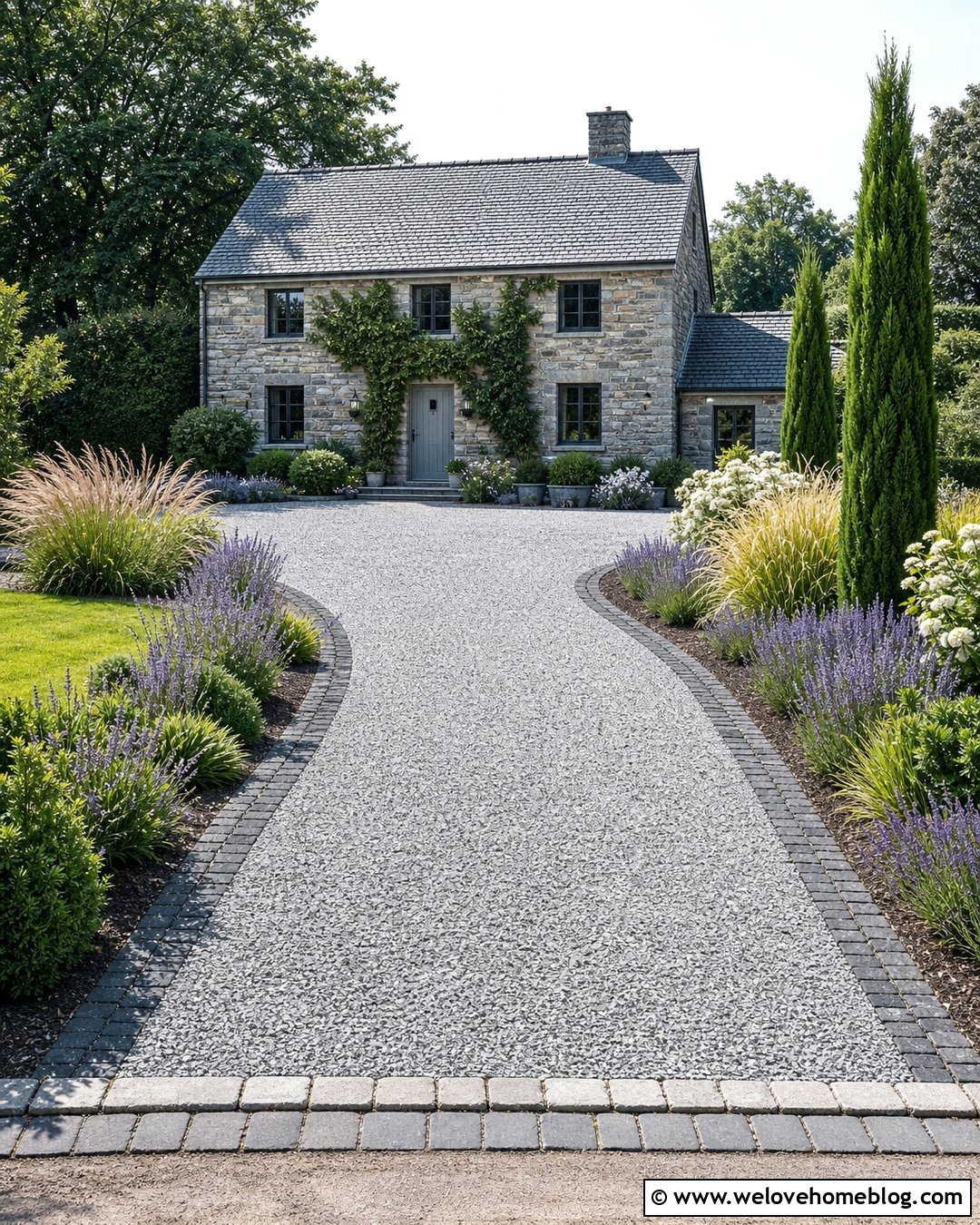 Gray Gravel Driveway With Cobblestone Edging - 35 Stone Driveway Ideas