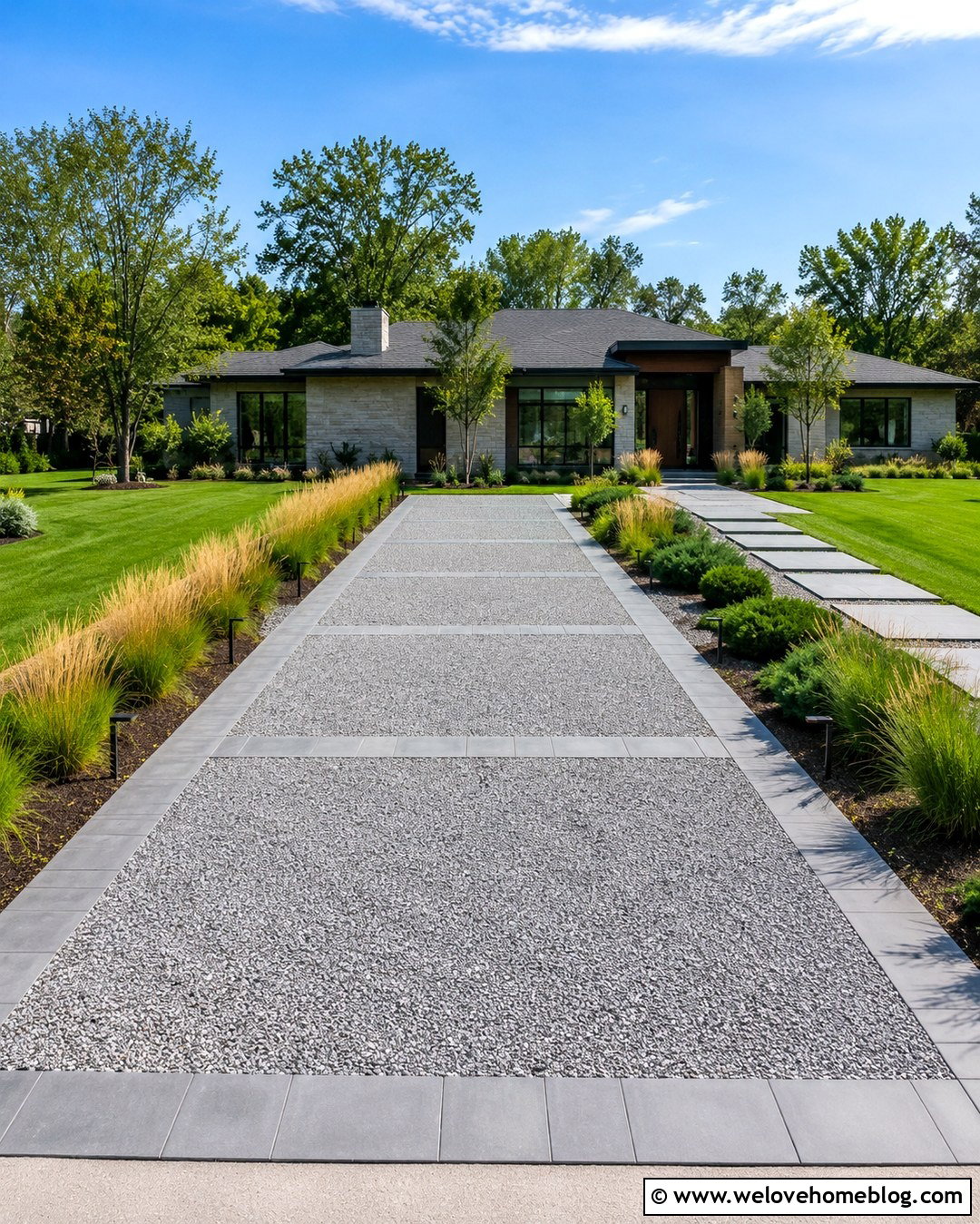 Gray Gravel Driveway With Concrete Paver Ribbons - 20 Gravel Driveway With Pavers Ideas