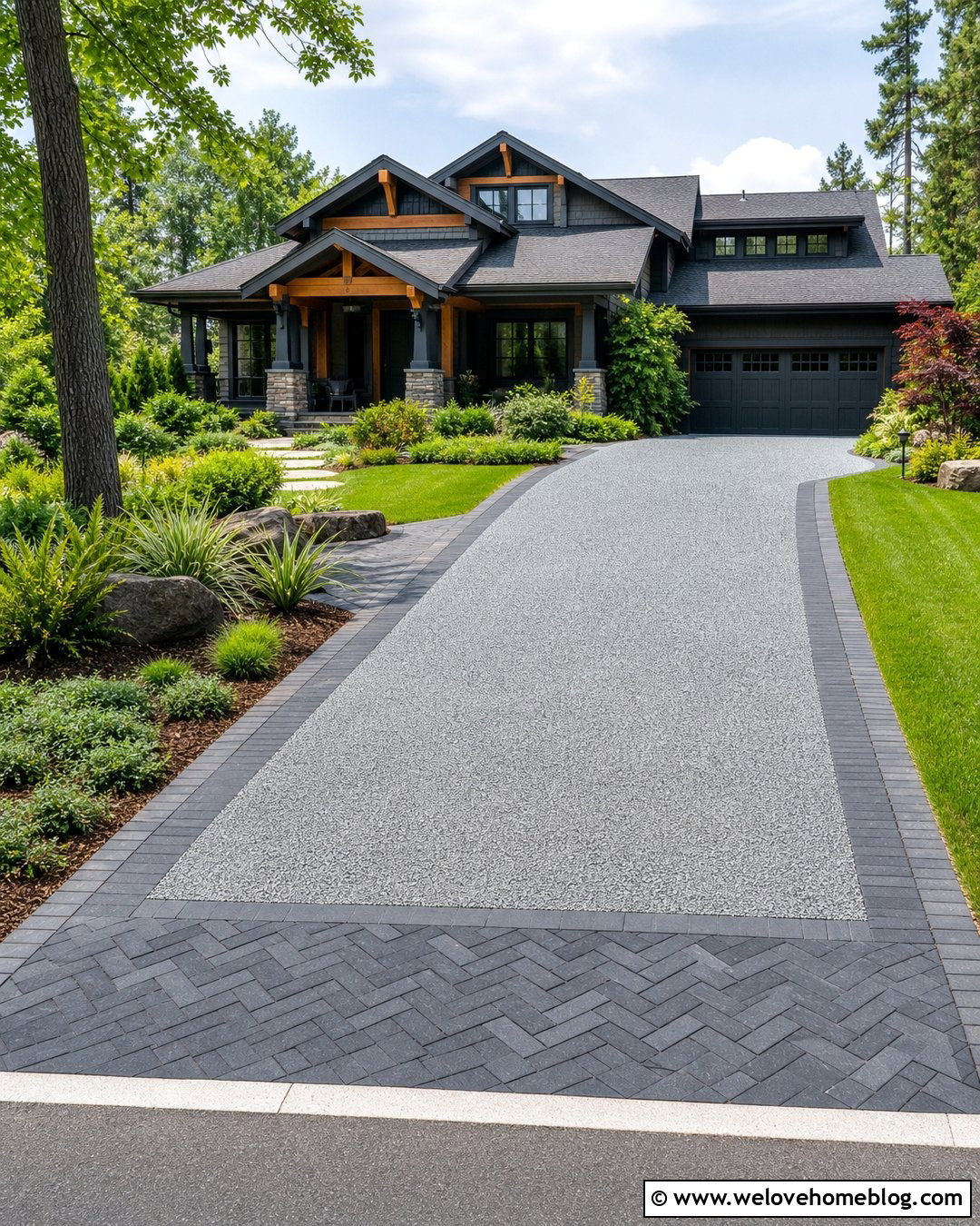 Gray Gravel Driveway With Herringbone Brick Edging - 20 Brick Lined Gravel Driveway Ideas
