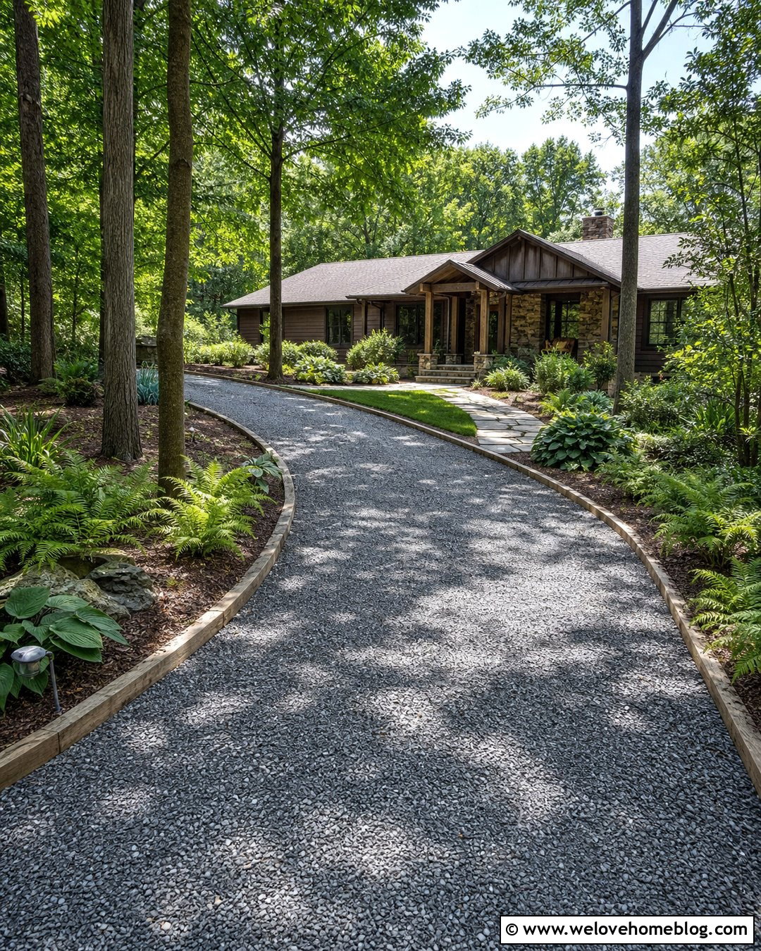 Gray Gravel Driveway With Timber Edging - 50 Driveway Ideas