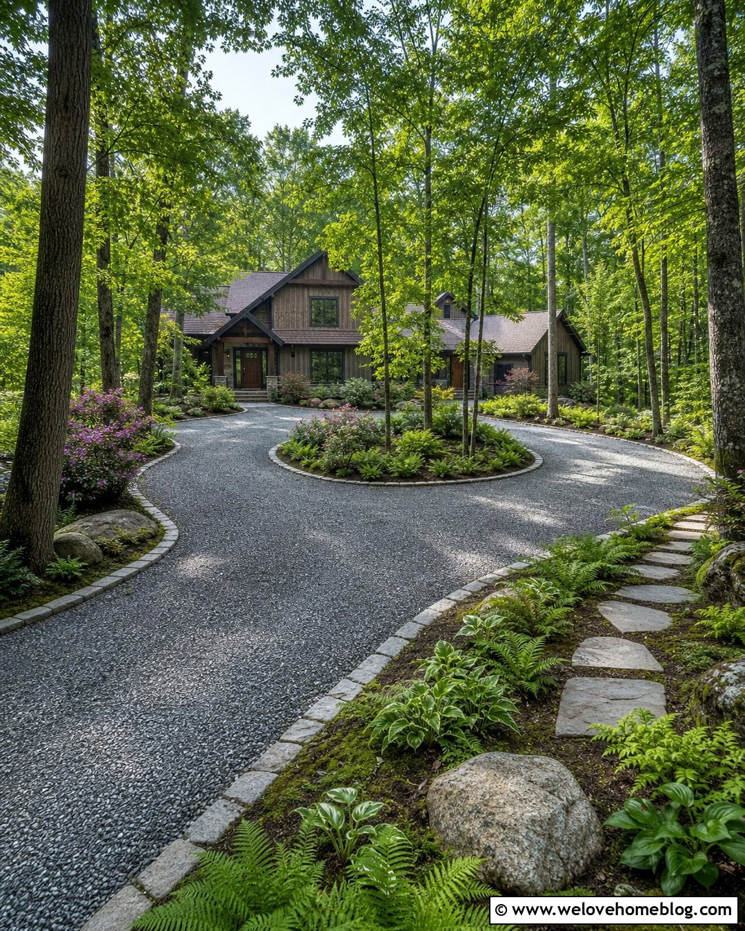 Gray Gravel Round Driveway With Woodland Borders - 30 Round Driveway Ideas