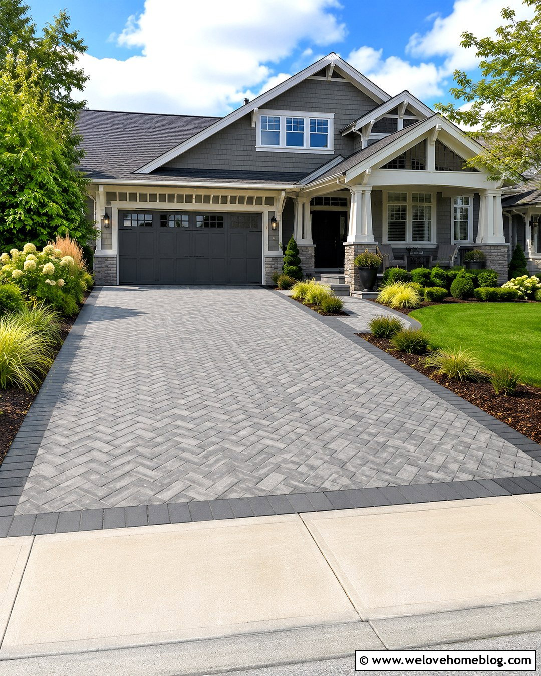 Gray Herringbone Driveway Blocks With Charcoal Border
