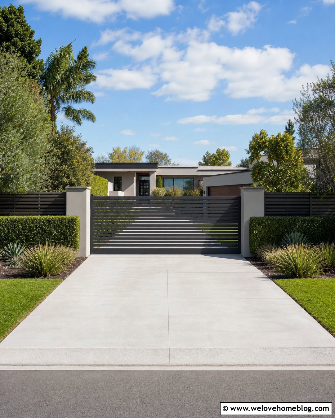 Gray Horizontal Slat Sliding Driveway Gate - 20 modern gray automatic driveway gate ideas