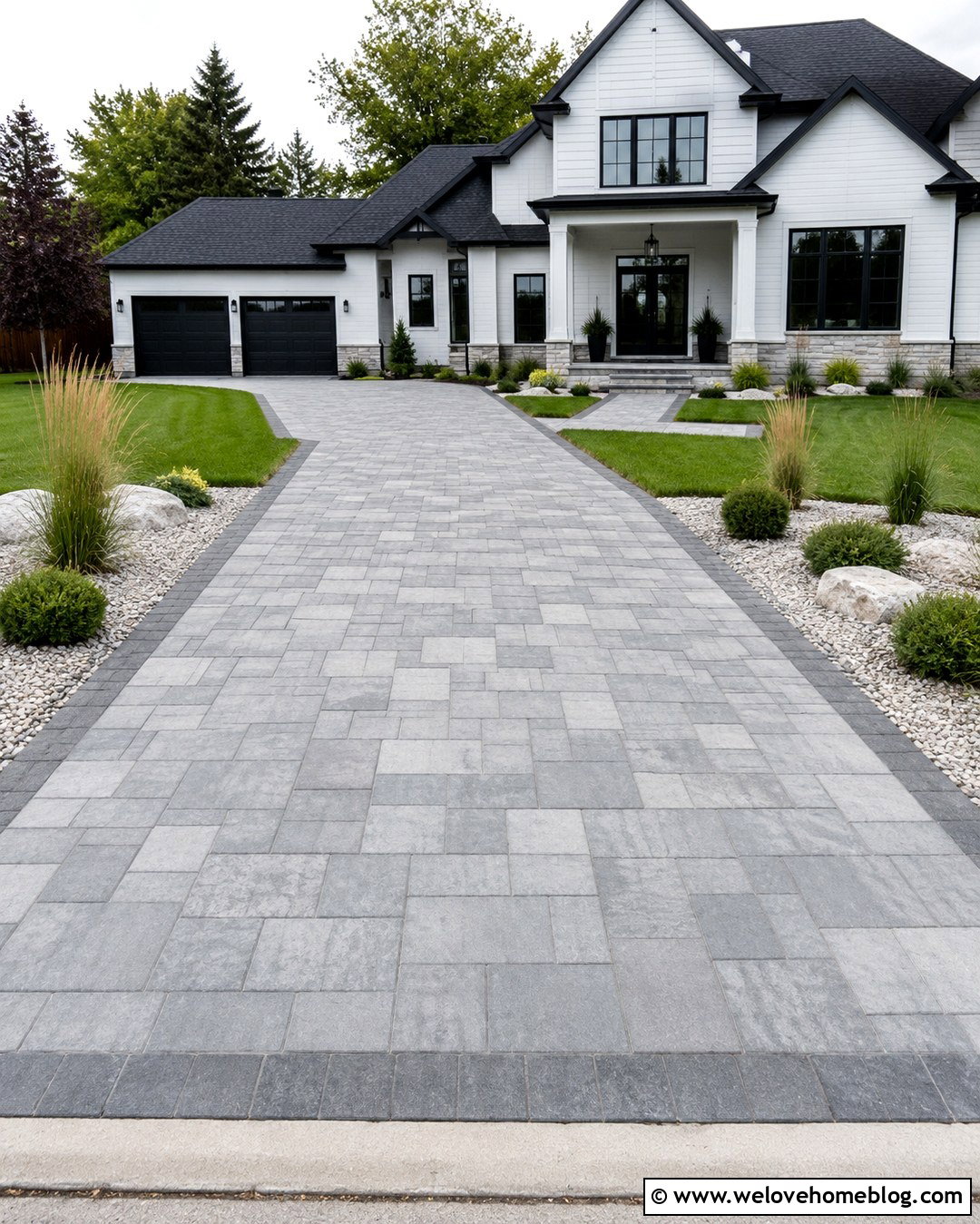 Gray Paved Driveway With Modern House - 20 Paved Driveway With House Ideas