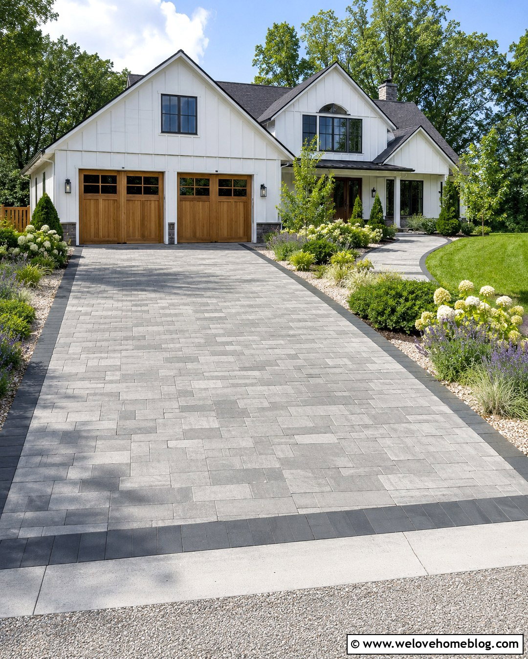 Gray Paver Driveway For A White Farmhouse - 20 White House Driveway Ideas